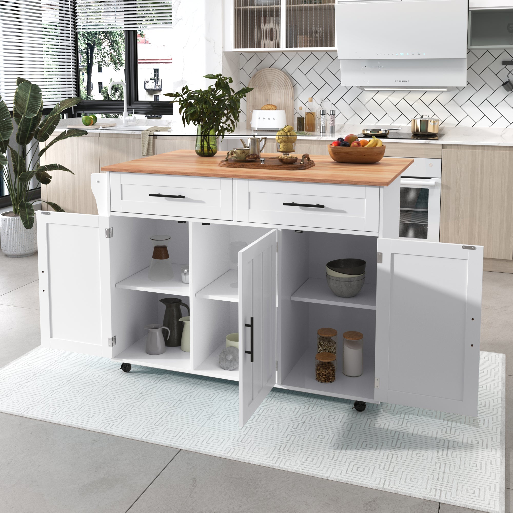 Logidon keukeneiland 129x46 cm met opklapbaar tafelblad, 5 wielen, wit
