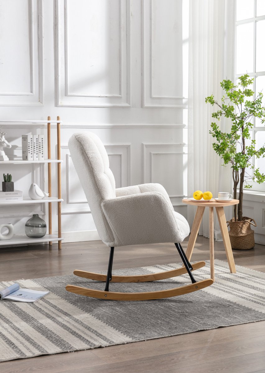 Merax Moderne Schommelstoel - Schommelstoel in Teddy Stof - Mid Century Fauteuil - Wit afbeelding 7