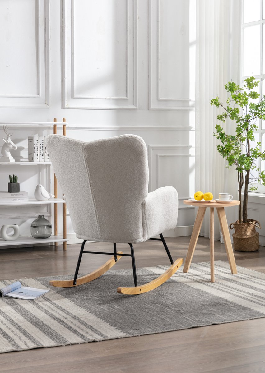 Merax Moderne Schommelstoel - Schommelstoel in Teddy Stof - Mid Century Fauteuil - Wit afbeelding 17