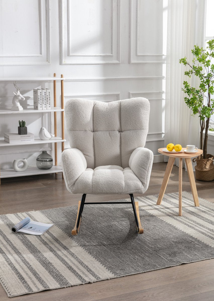 Merax Moderne Schommelstoel - Schommelstoel in Teddy Stof - Mid Century Fauteuil - Wit afbeelding 8