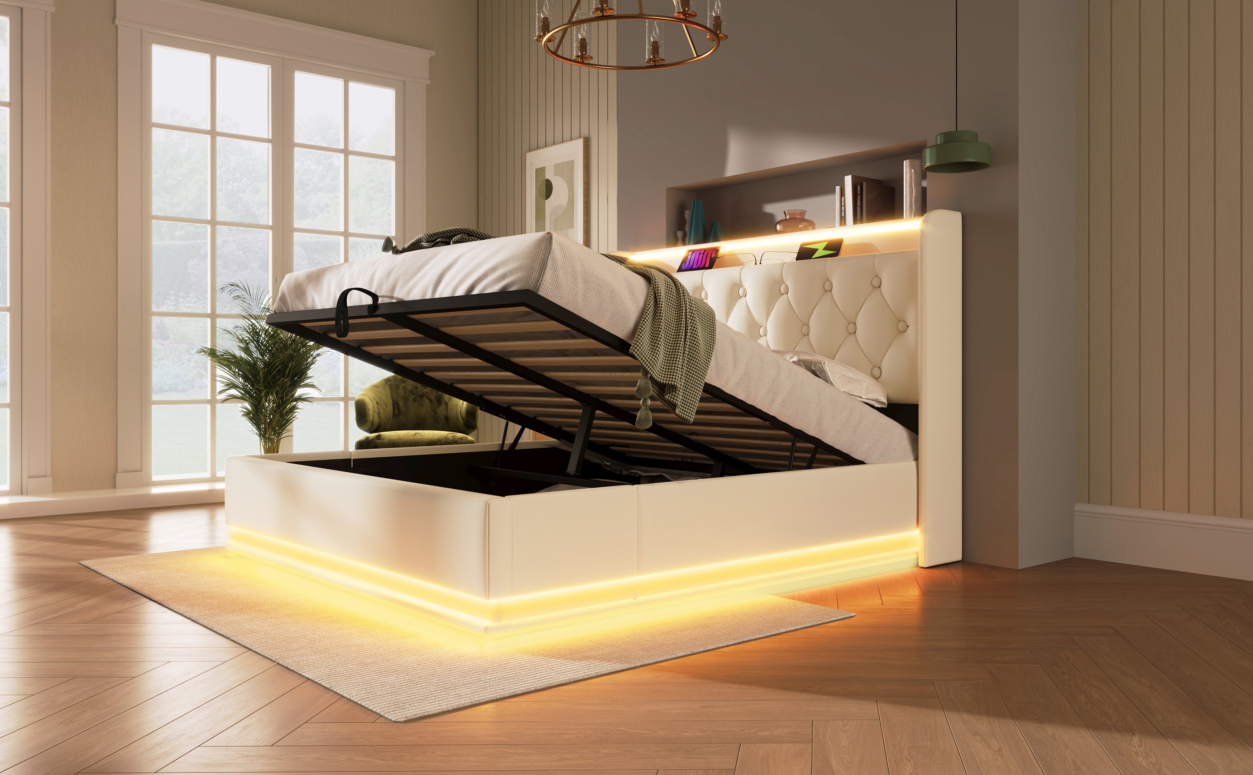 Logidon gestoffeerd bed tweepersoonsbed 140x200 cm wit PU 360 Surround LED