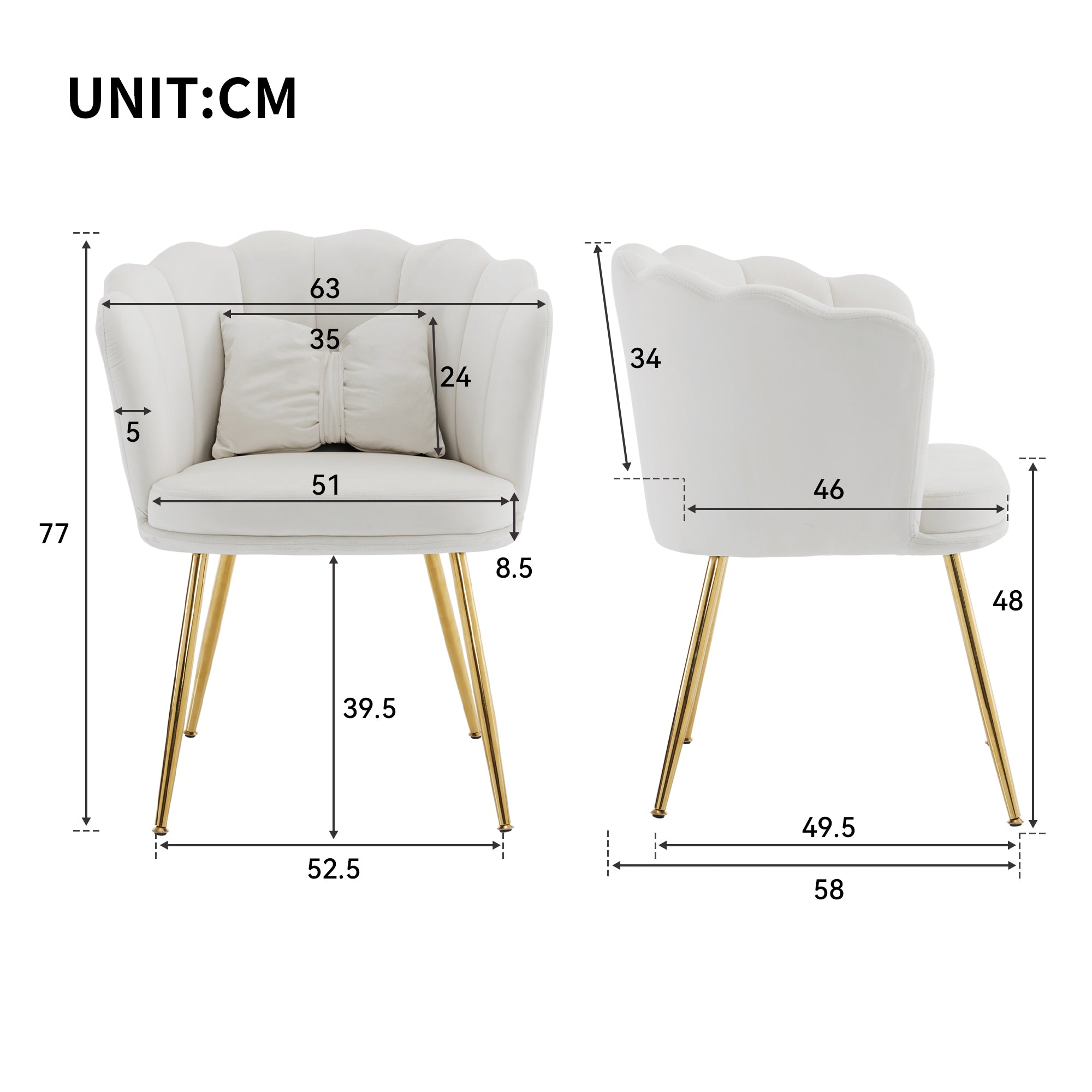 Logidon Vier fluwelen woonstoelen beige met bloemblaadjes aan de achterkant, gouden poten