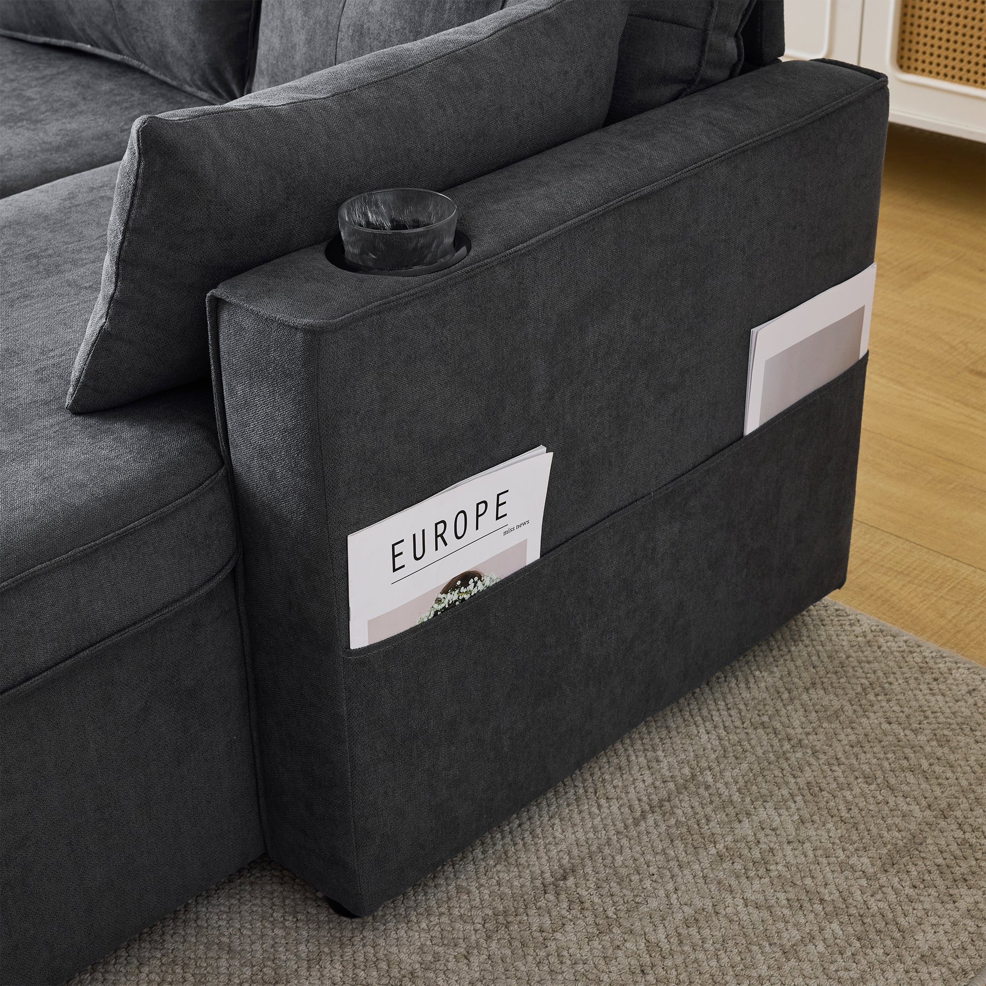 Logidon sofa bed gray L-shape with storage space and cup holder