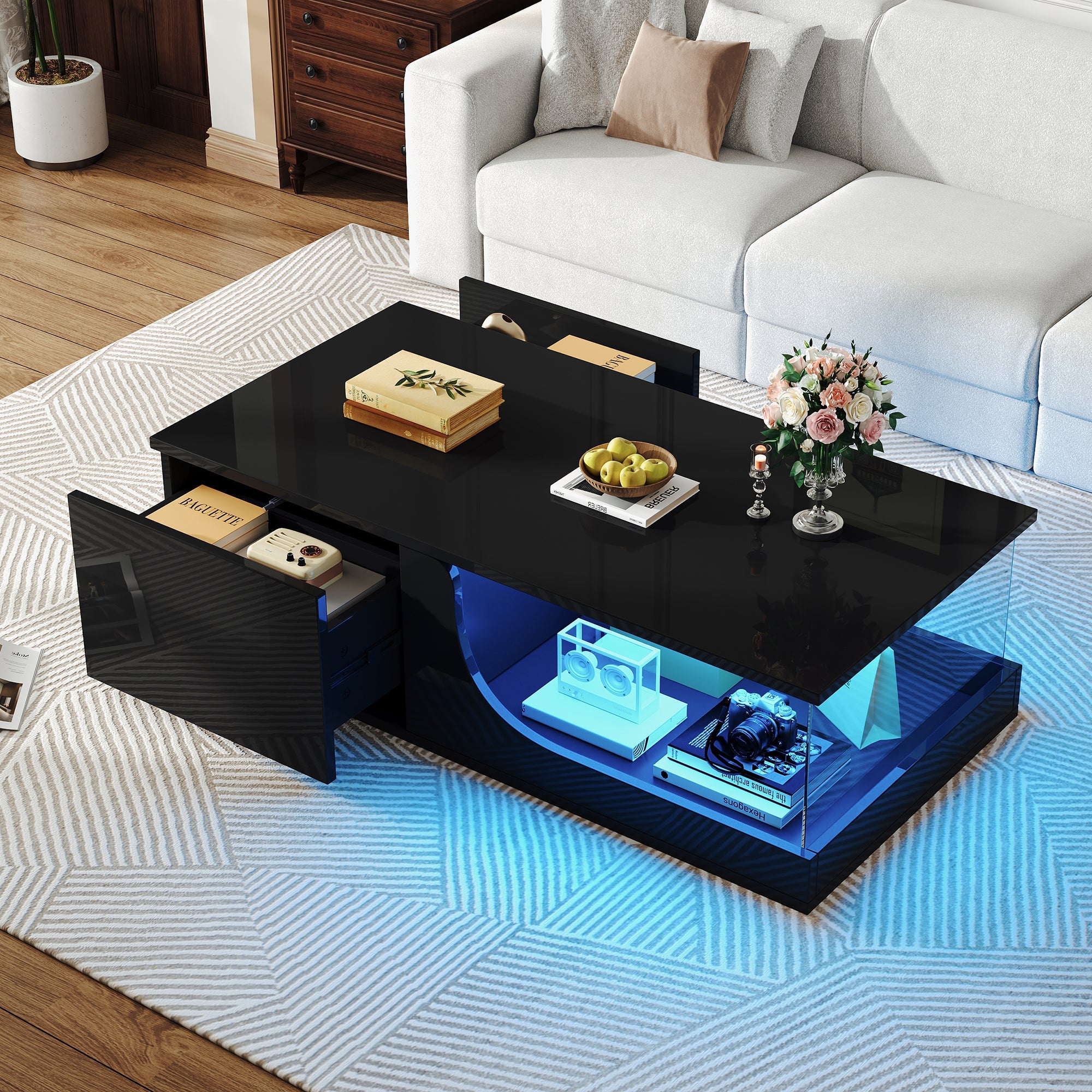 Logidon Zwarte hoogglans salontafel 100x50x30 cm LED-verlichting
