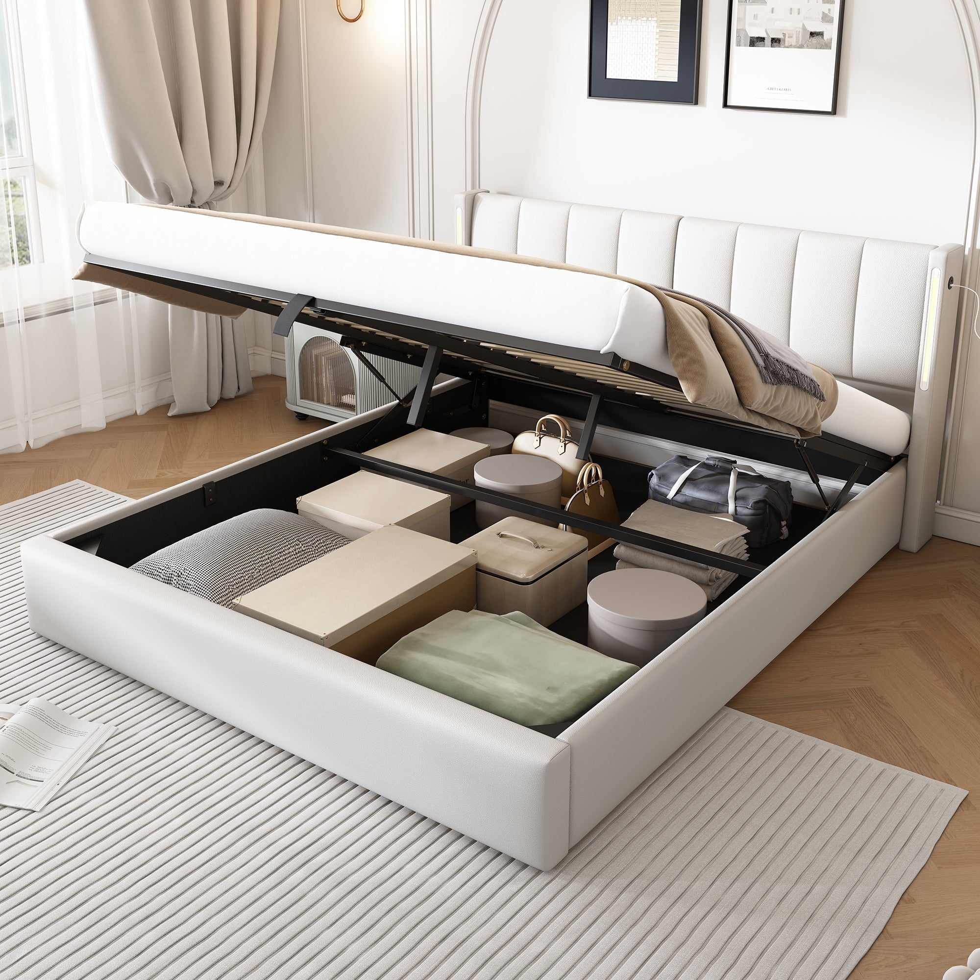 Logidon Binaural LED gestoffeerd bed 160 x 200 cm wit met opbergruimte