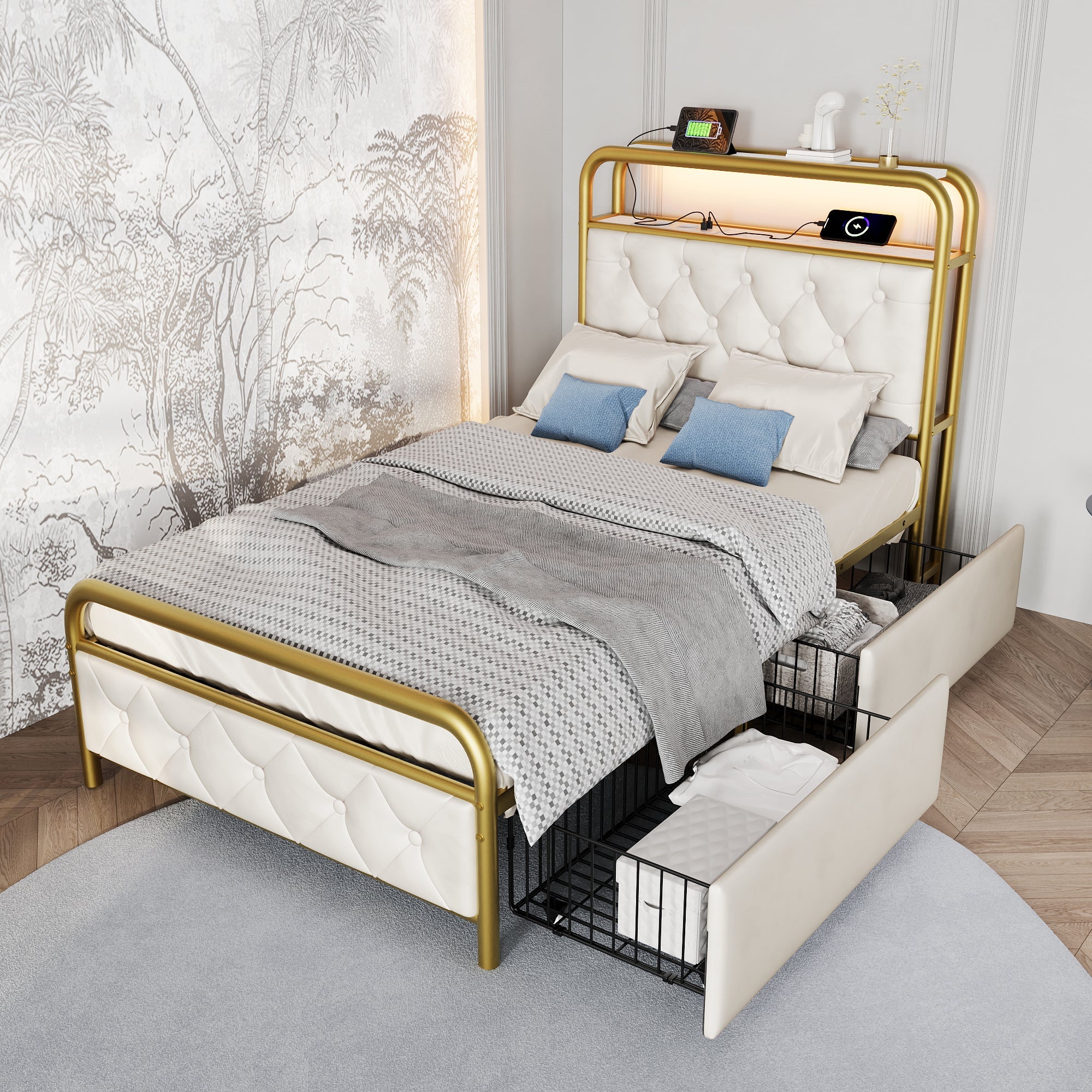 Logidon upholstered bed 90x200 USB C charging function LED white velvet drawers