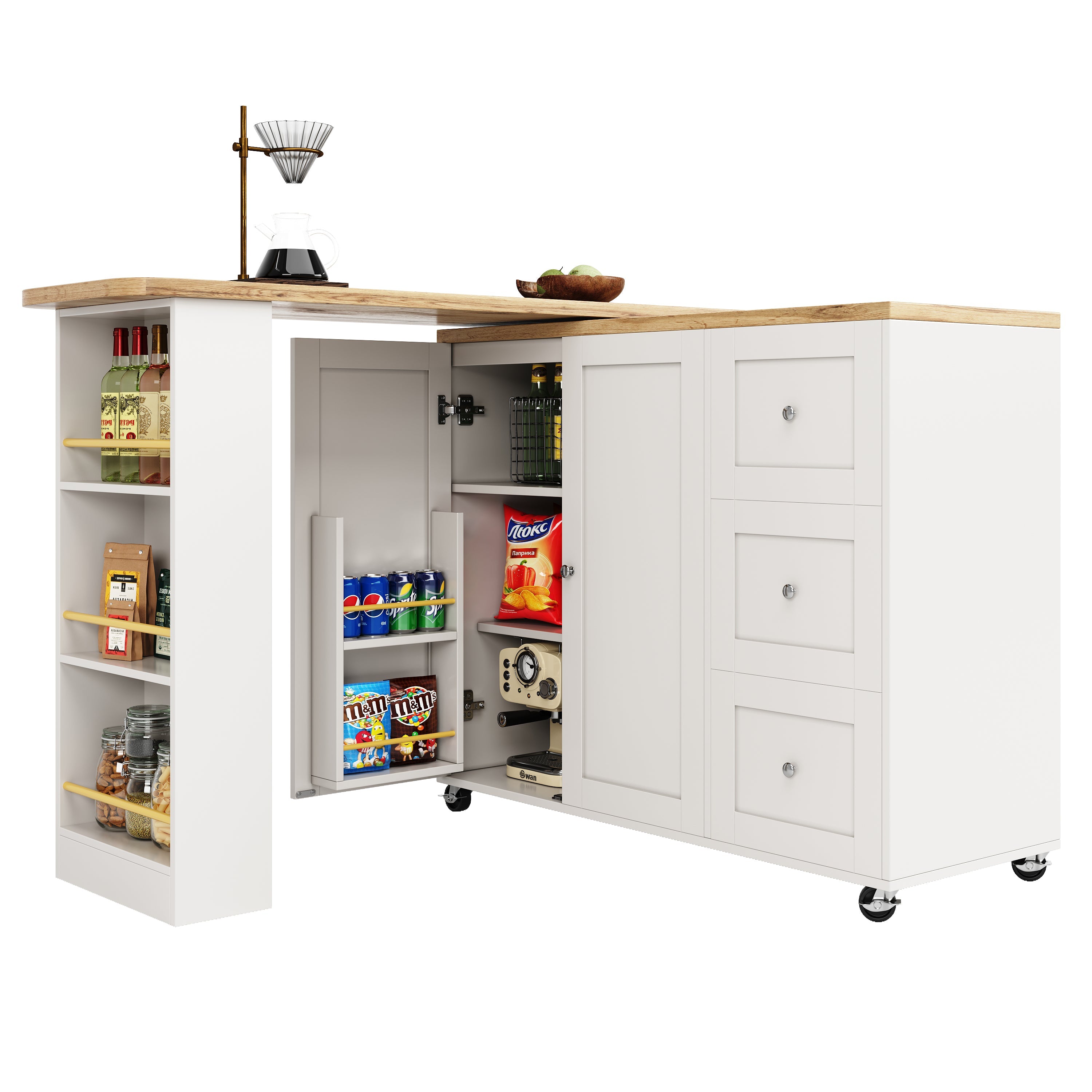 Logidon Swivel Dining Table White with Wheels Three Drawers 138-209 cm