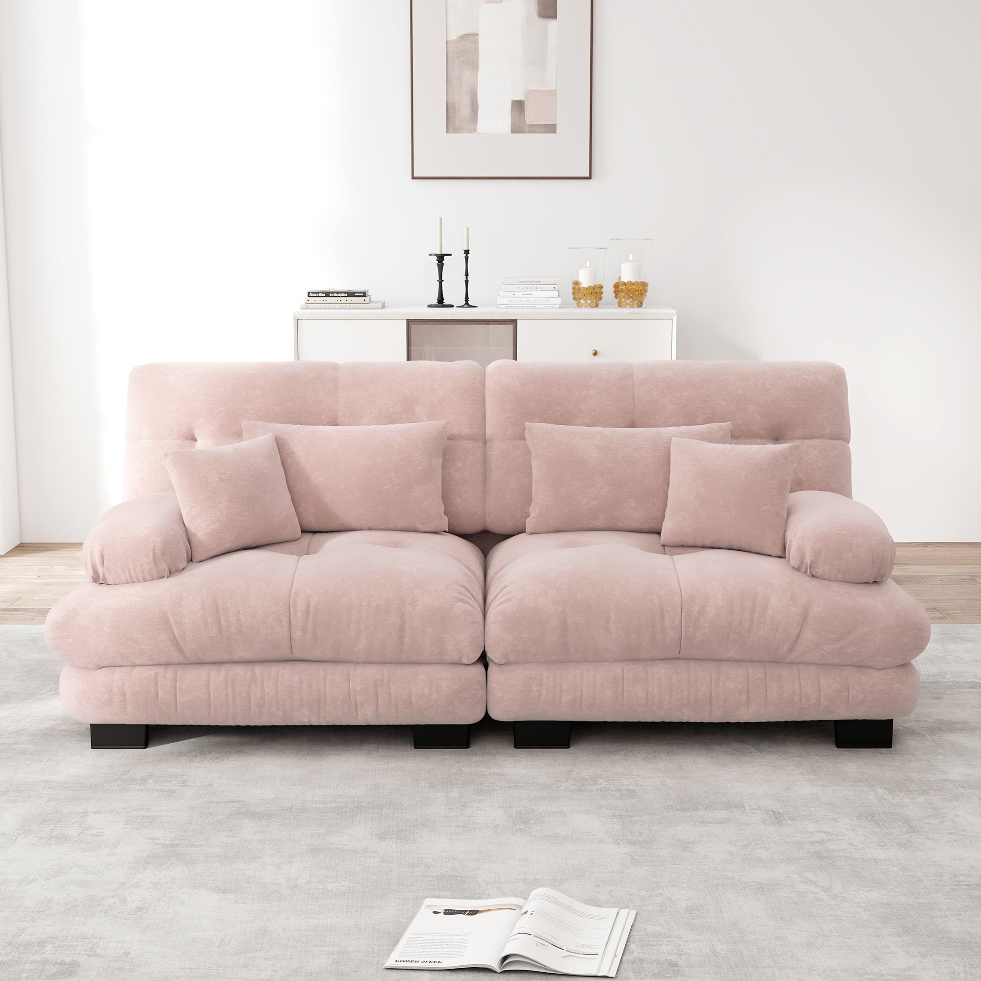 Logidon hoekbank fluweel roze vintage chenille 220 cm met lendenkussen
