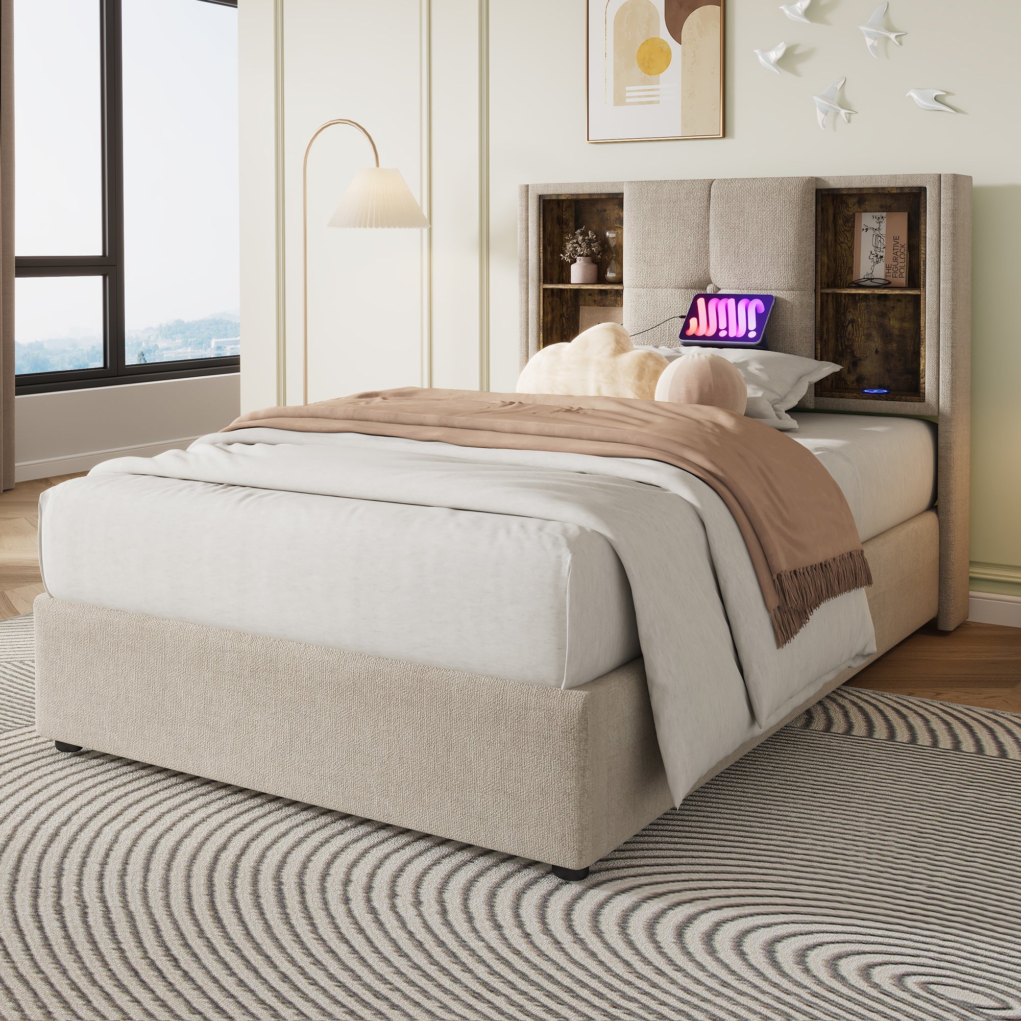 Logidon single bed 90x200 with wireless charging USB-C and storage space