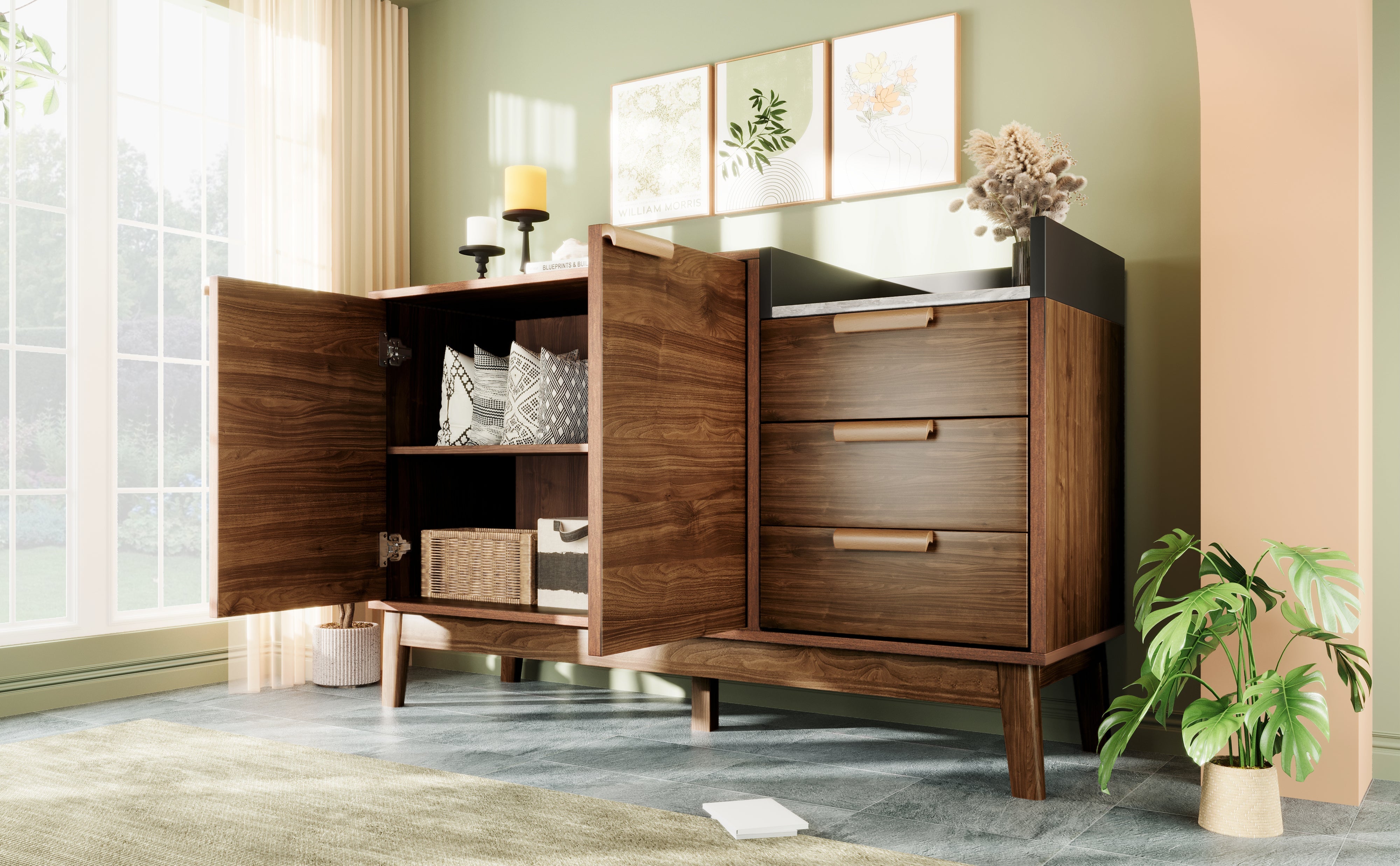 Logidon woonkamer ladekast eiken decor marmerlook blad 3 lades