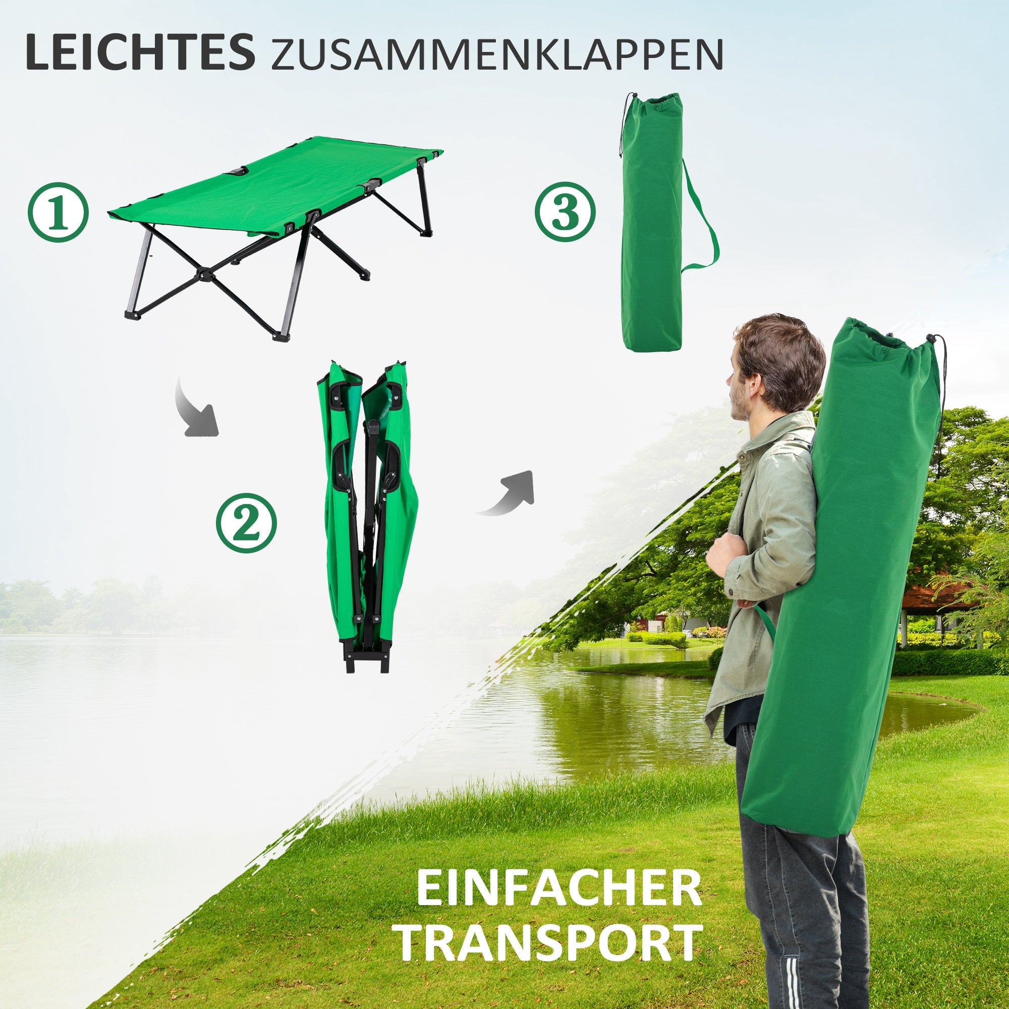 Logidon Opklapbaar Campingbed Met Zijvak Groen Zwart 200x73 cm