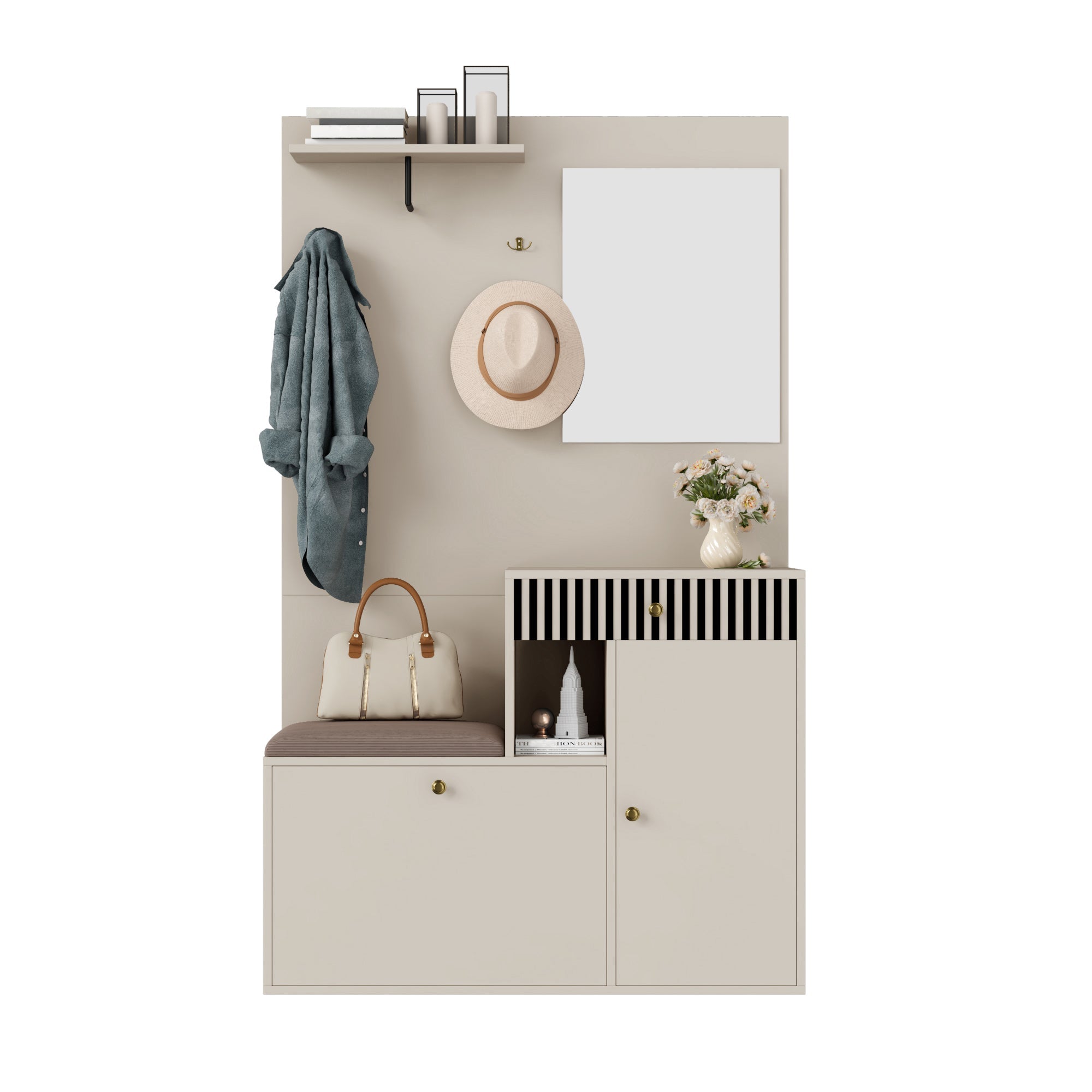 Logidon kledingkastset beige met spiegel en zitkussen 110x185x37 cm