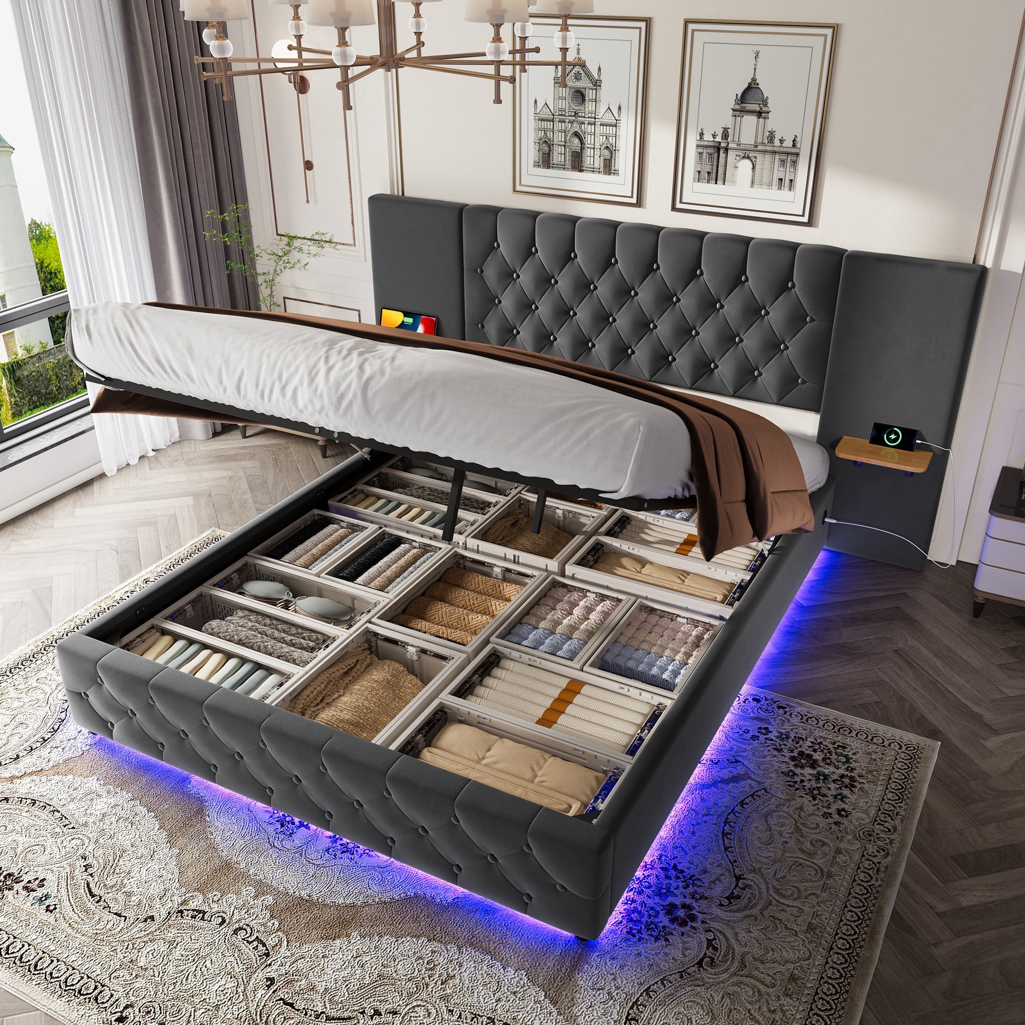 Logidon bedframe 140x200 cm grijs fluweel breed hoofdbord LED