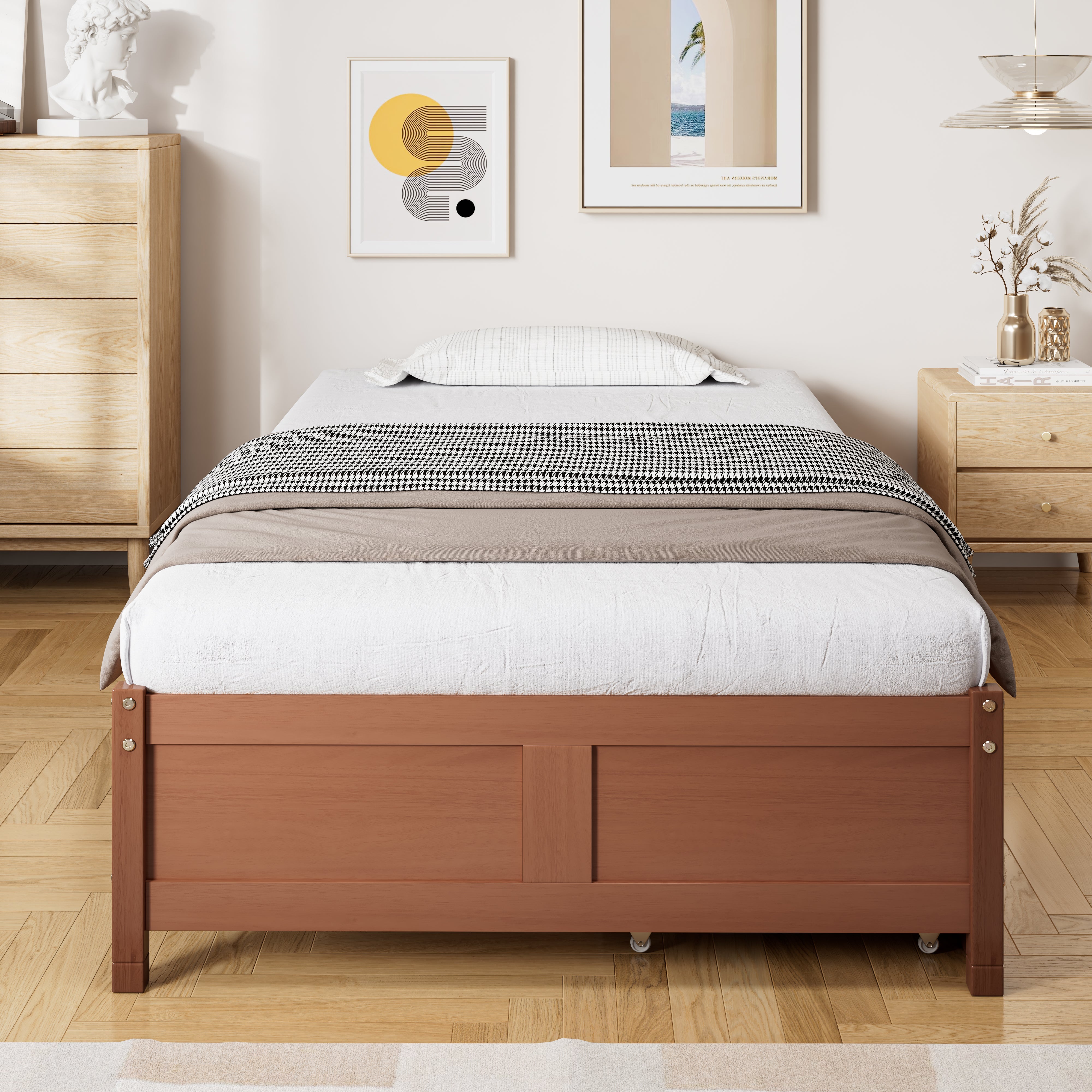 Logidon kinderbed 90x200 roodbruin houten bed met 2 lades en wielen