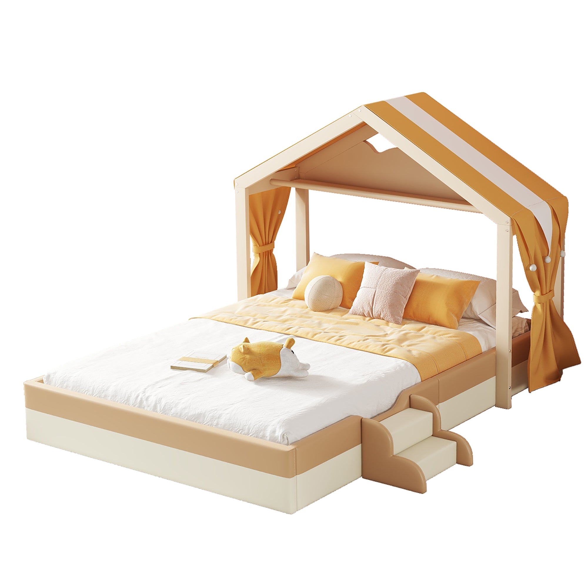Logidon gestoffeerd bedhuisvorm 140x200 bruin kunstleer met lattenbodem