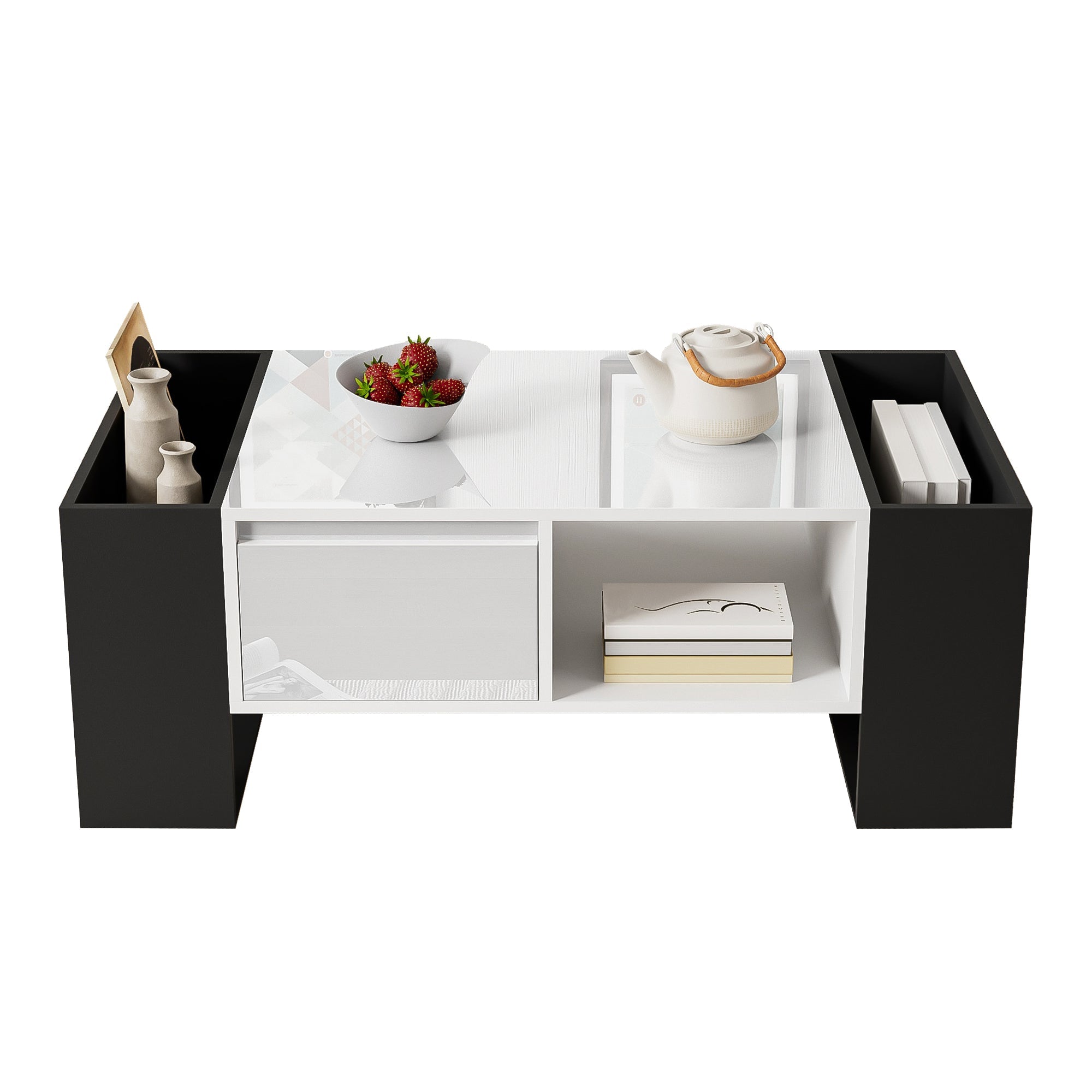 Logidon Moderne salontafel 105x60x40,5 cm hoogglans zwart en witte lade