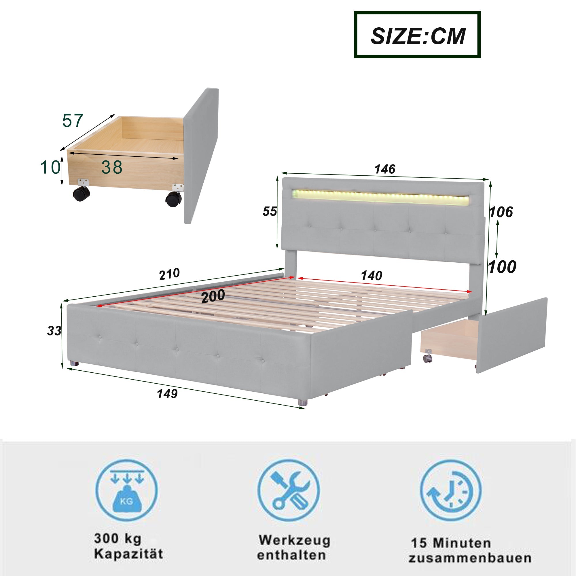 Logidon gestoffeerd bed 140x200 cm met LED hoofdbord en bedkast