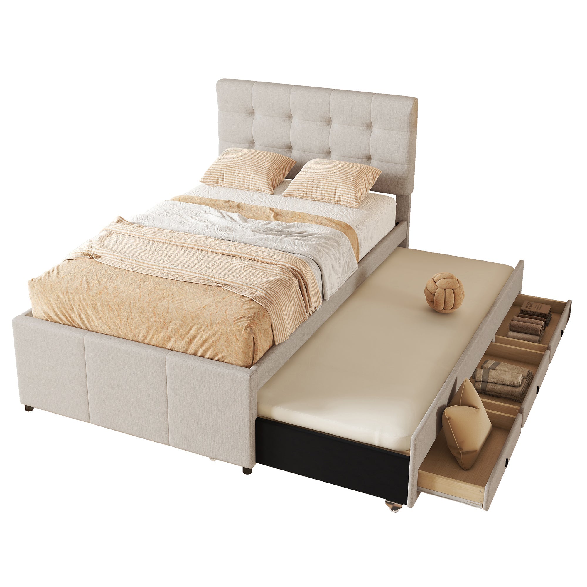 Logidon gestoffeerd bed 90x200 beige uitschuifbaar onderschuifbed 3 lades