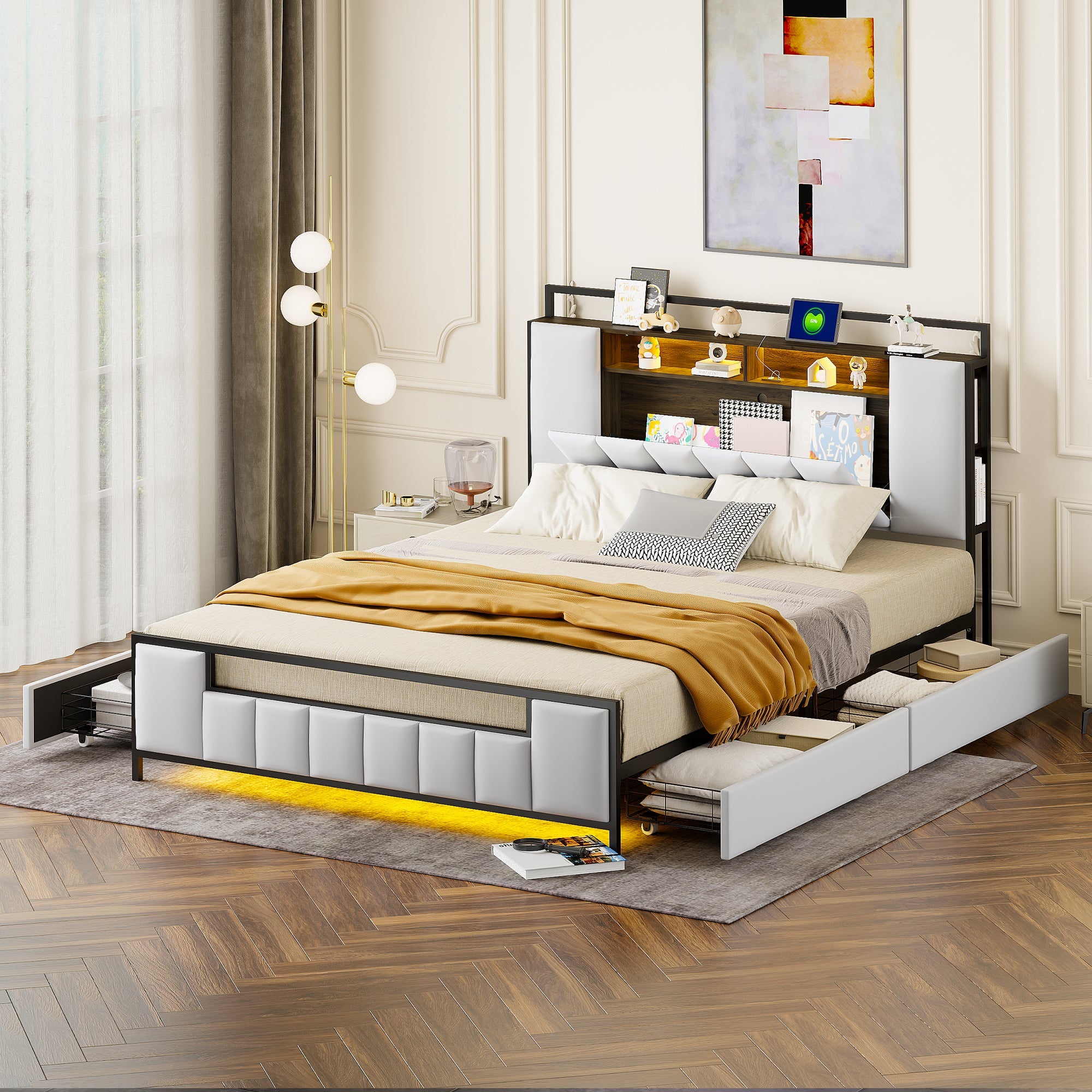 Logidon gestoffeerd bed 160x200 cm beige kunstleer met LED en USB