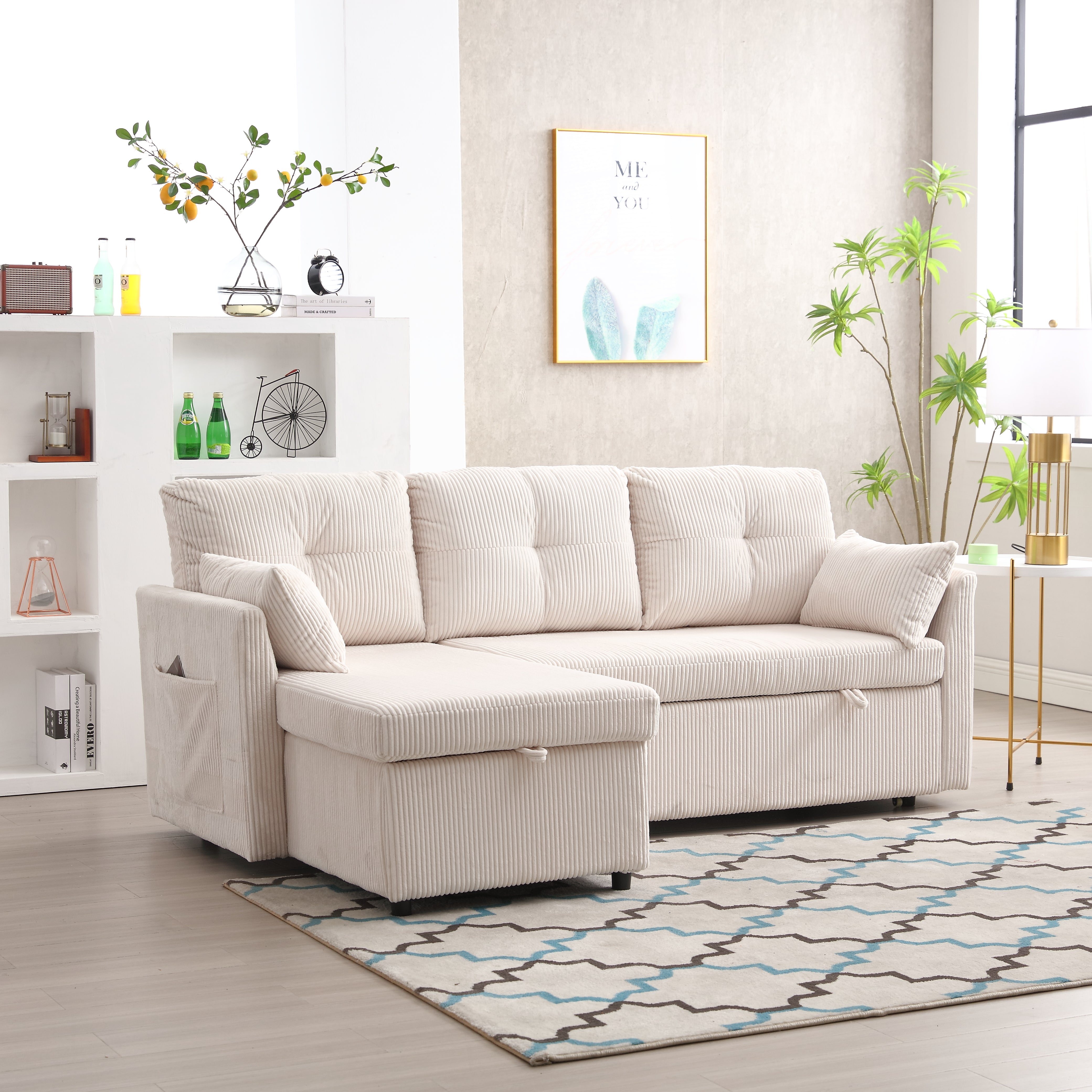 Logidon sofa bed with storage space and pull-out bed beige velvet cover