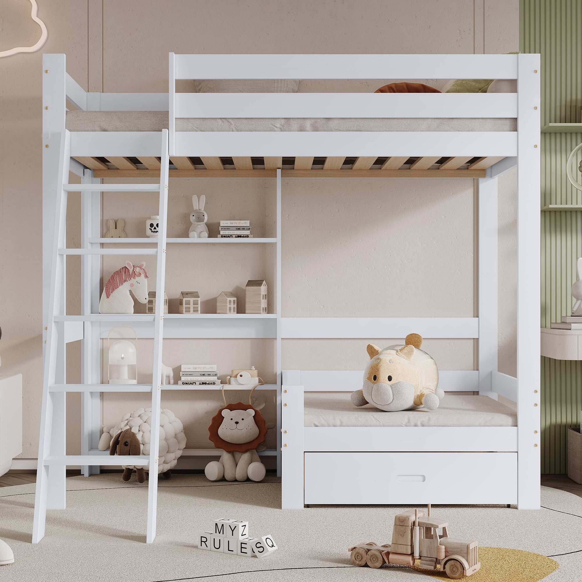 Logidon hoogslaper met bureau - wit kinderbed met lade