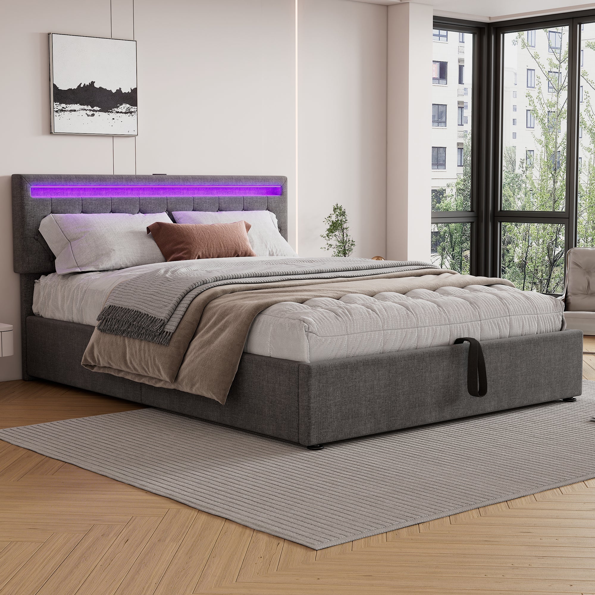 Logidon grijs gestoffeerd bed 160x200 cm met LED Ambient USB-C
