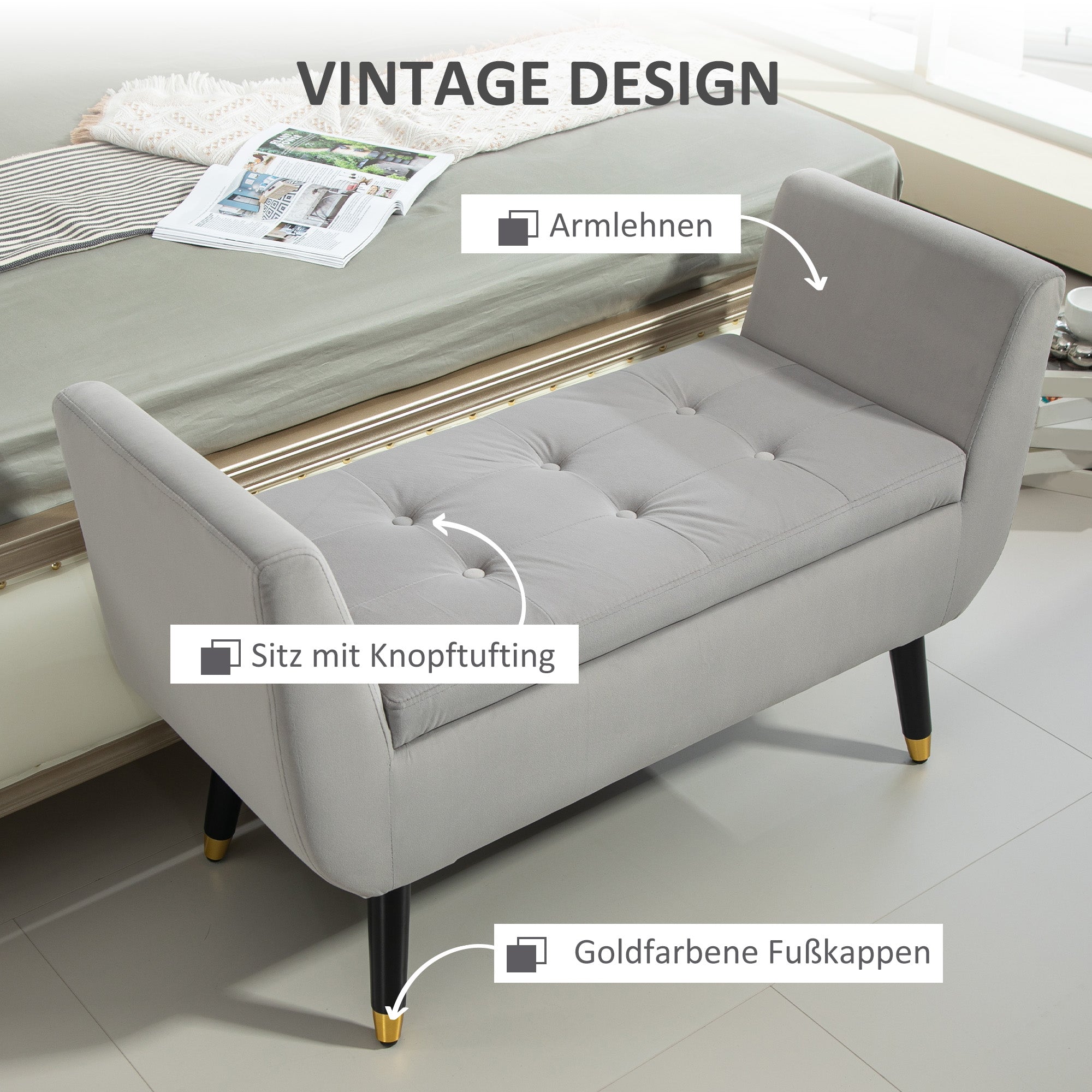 Logidon luxury bench with storage space light gray 107x42x65 cm