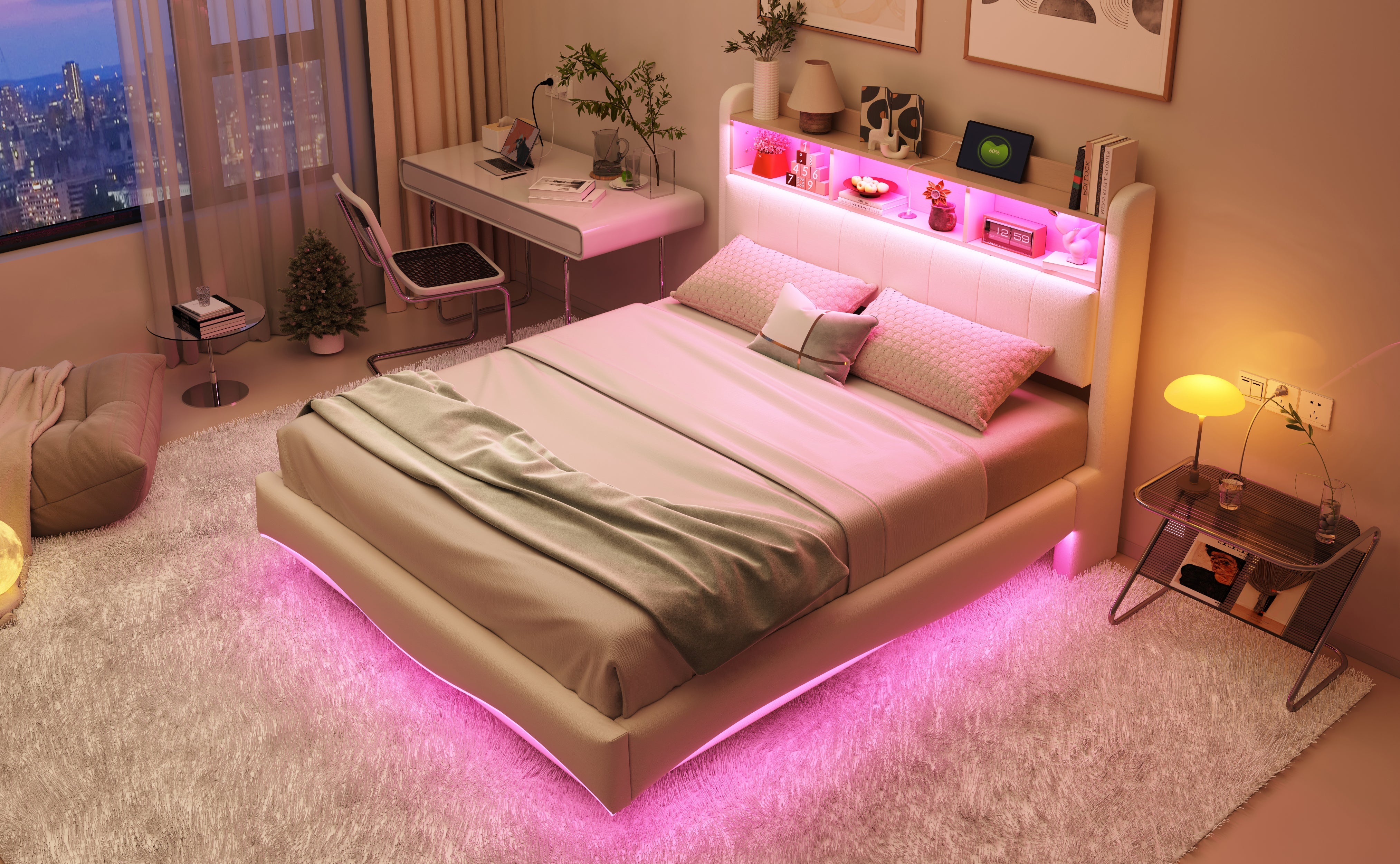 Logidon gestoffeerd bed 140x200 beige met LED-licht USB type C opbergruimte