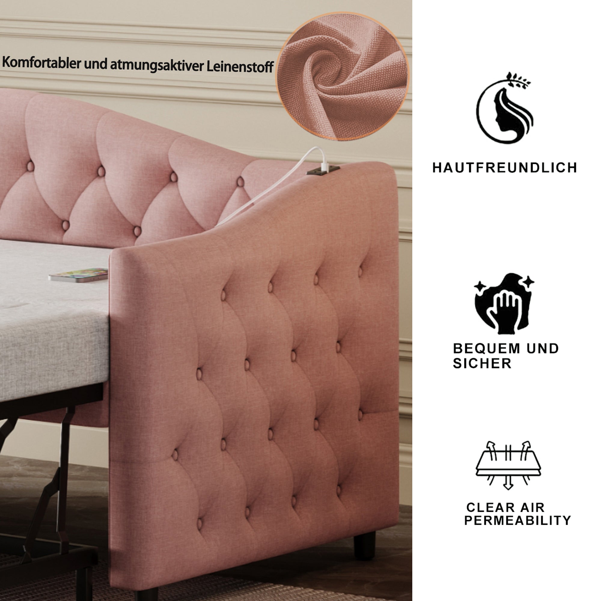 Logidon gestoffeerde slaapbank 90x200 roze linnen USB-aansluiting