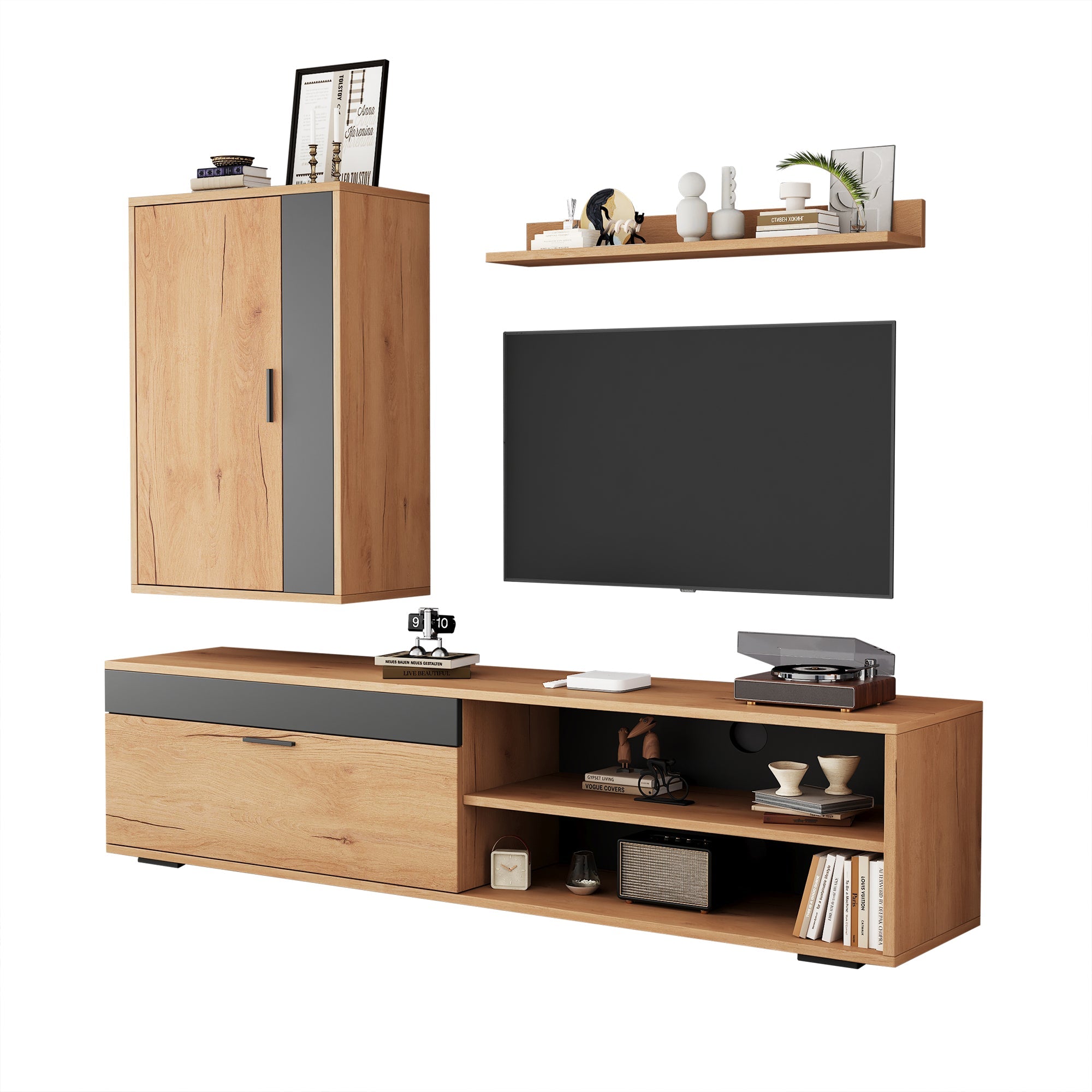Logidon TV wandmeubelset 140 cm driedelig hout zwart
