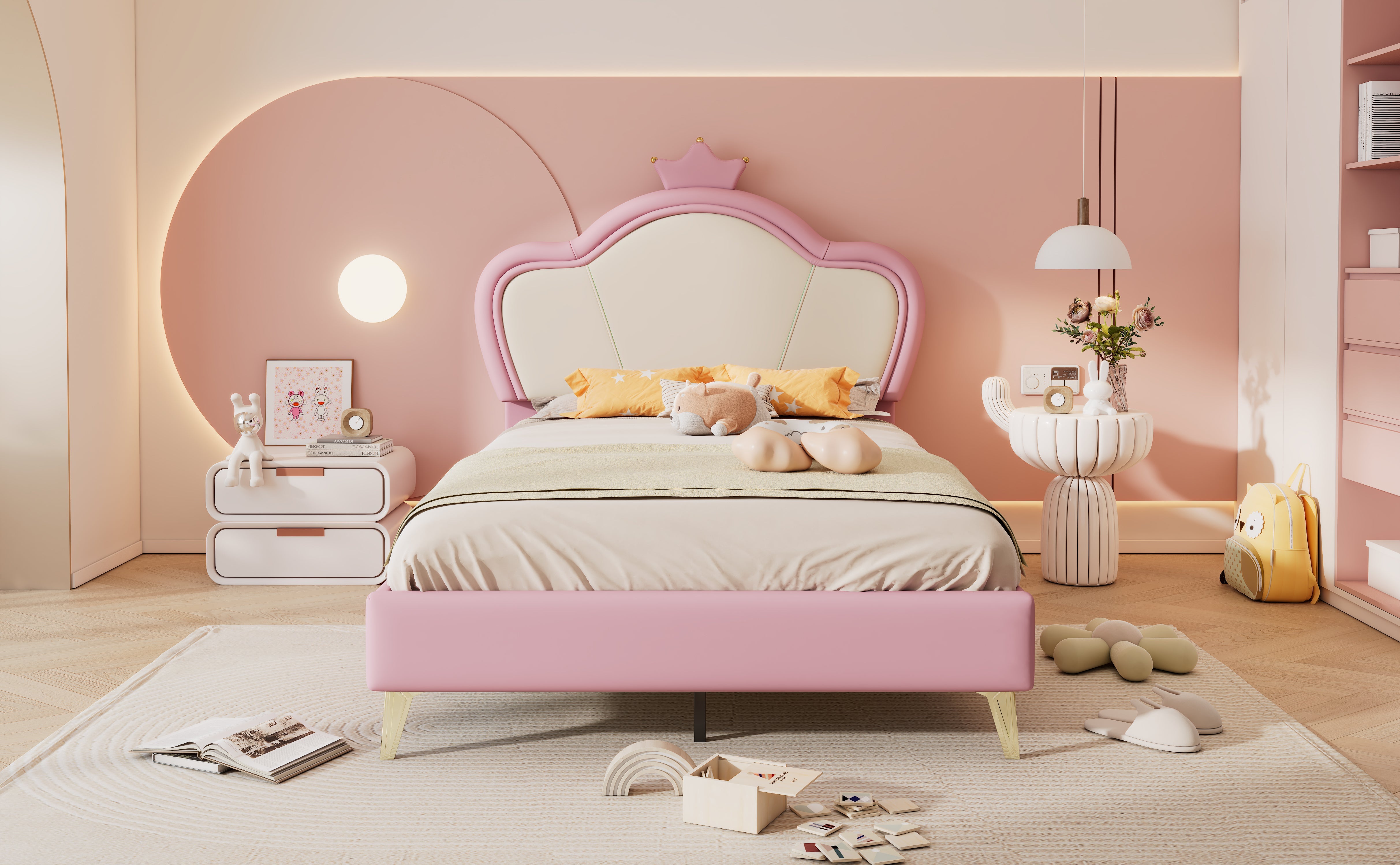 Logidon gestoffeerd bed kinderbed 90x200cm roze wit met kroonhoofdbord