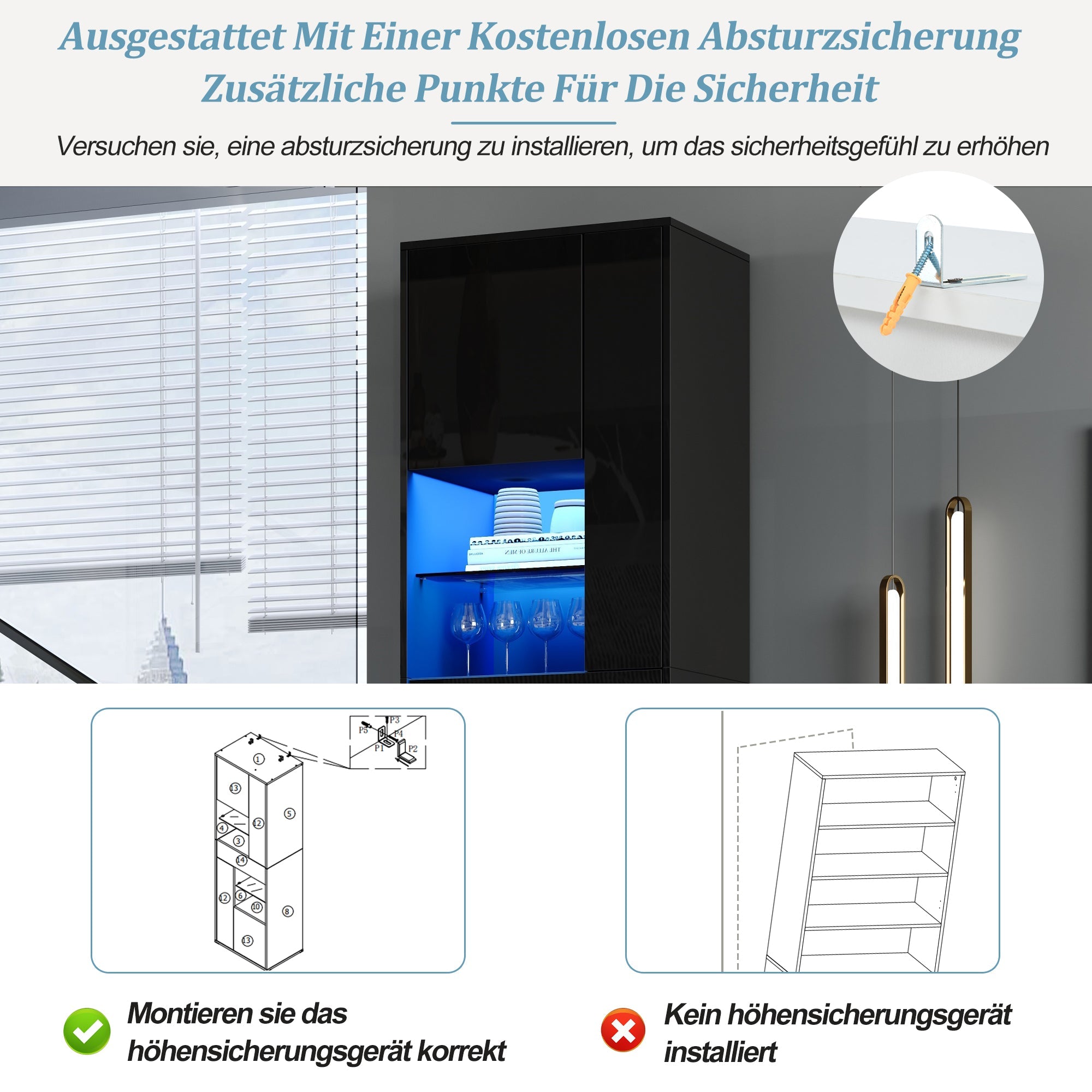 Logidon zwarte hoogglans glazen vitrine 55 x 38 x 170 cm LED-verlichting