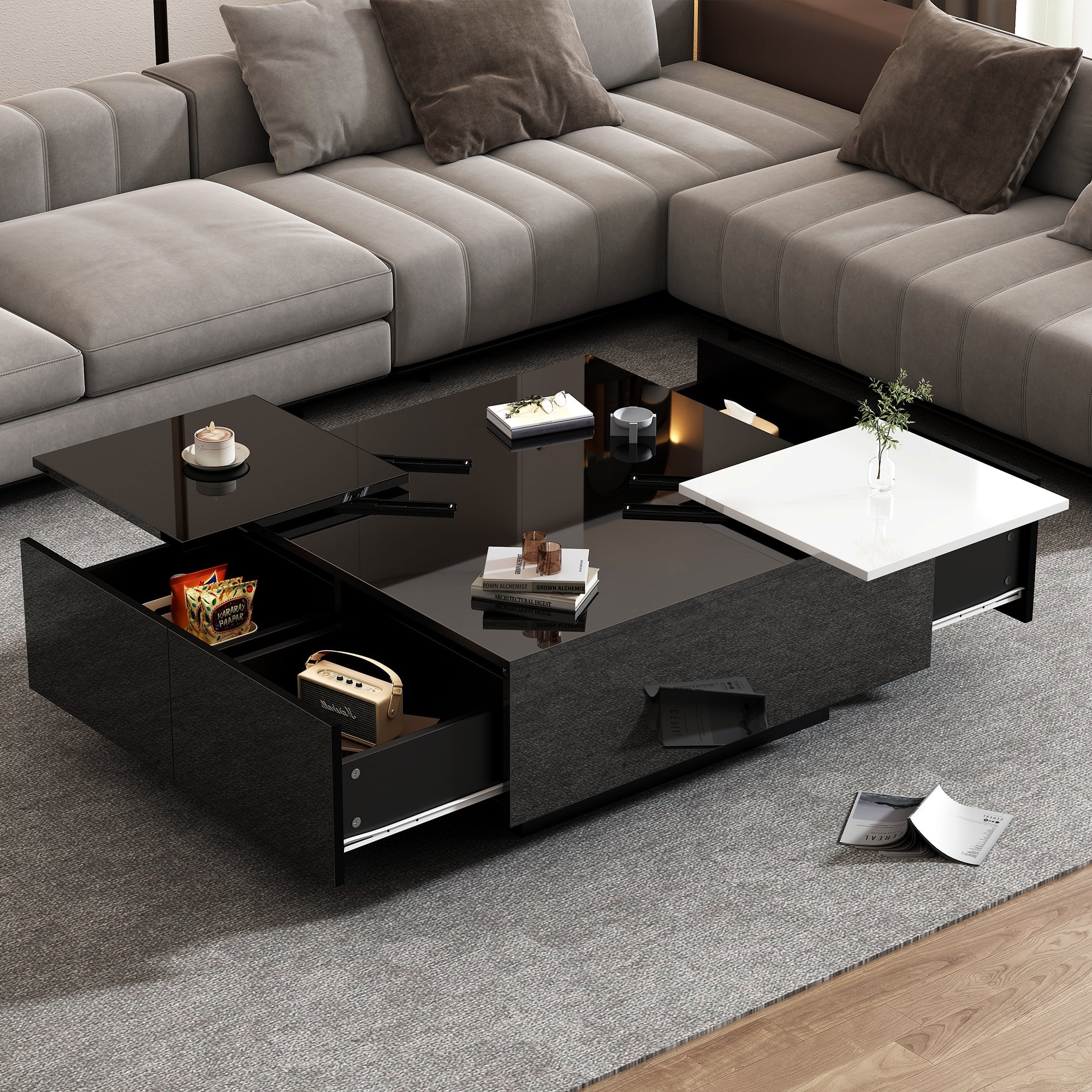 Logidon Hoogglans Salontafel Zwart Wit 75x75 Cm Met 4 Laden