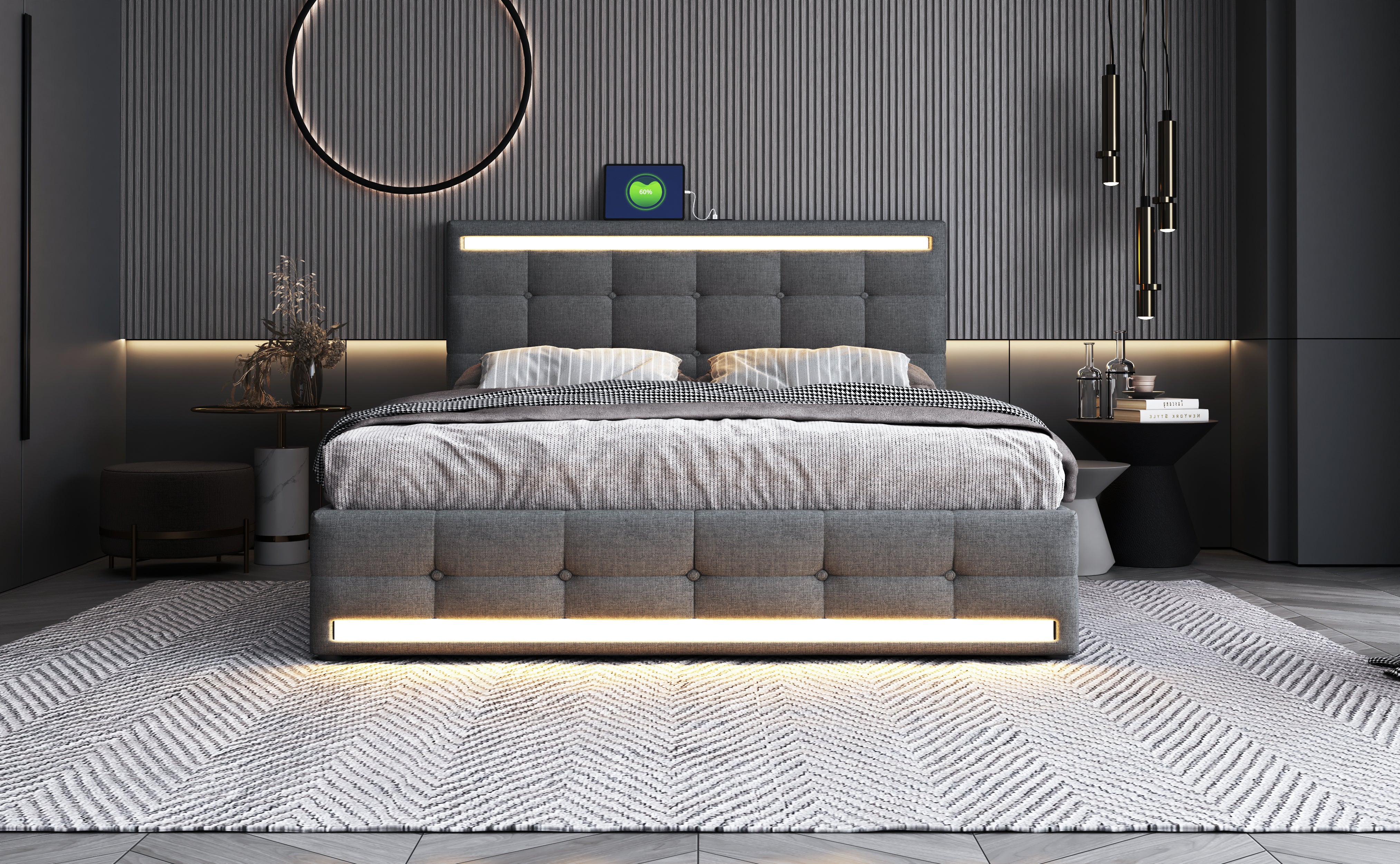 Logidon gestoffeerd bed 140x200 cm grijs LED opbergruimte USB 4 lades