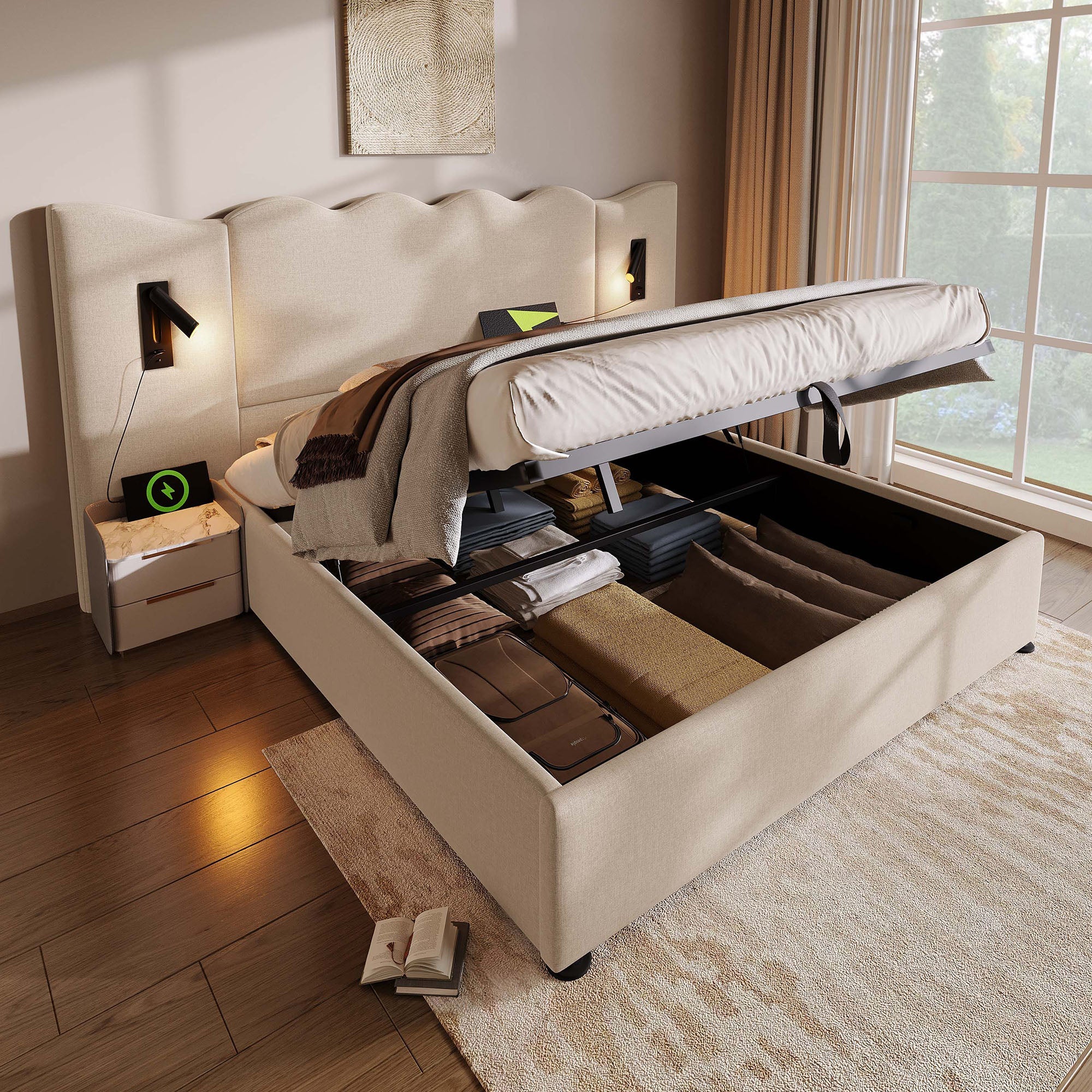 Logidon upholstered bed double bed 180x200 reading lamp USB C beige linen