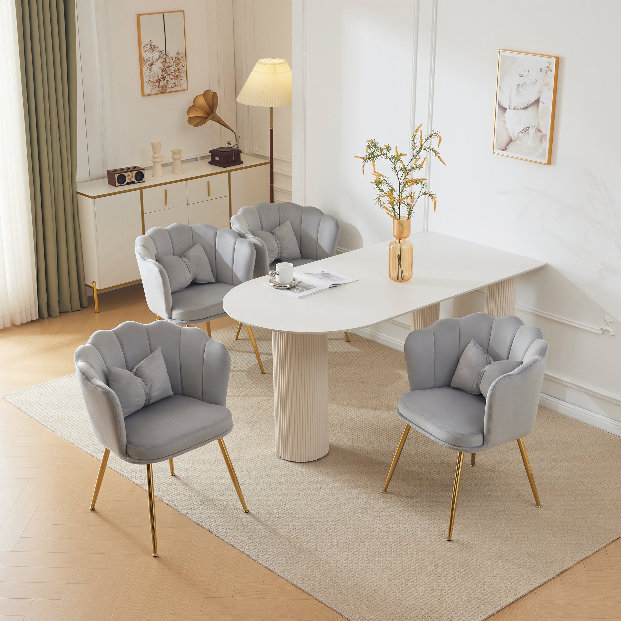 Logidon Four Modern Velvet Chairs Gray With Leaf Back Gold Legs