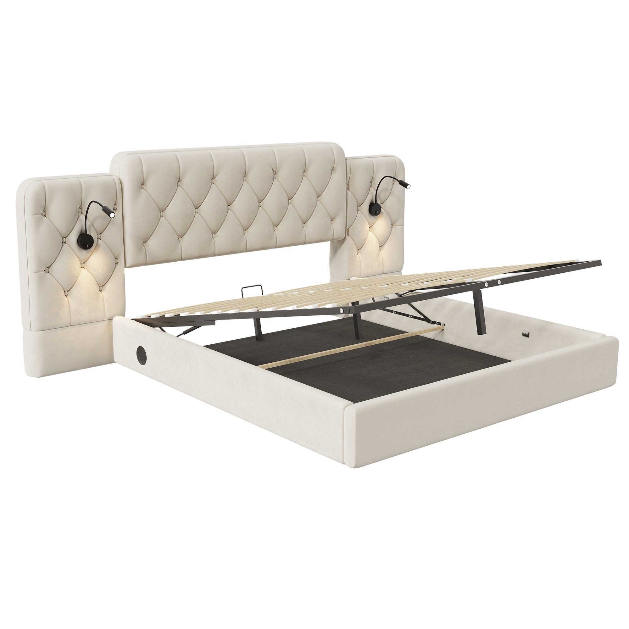 Logidon bedframe beige fluweel met lang hoofdeinde en USB-poorten