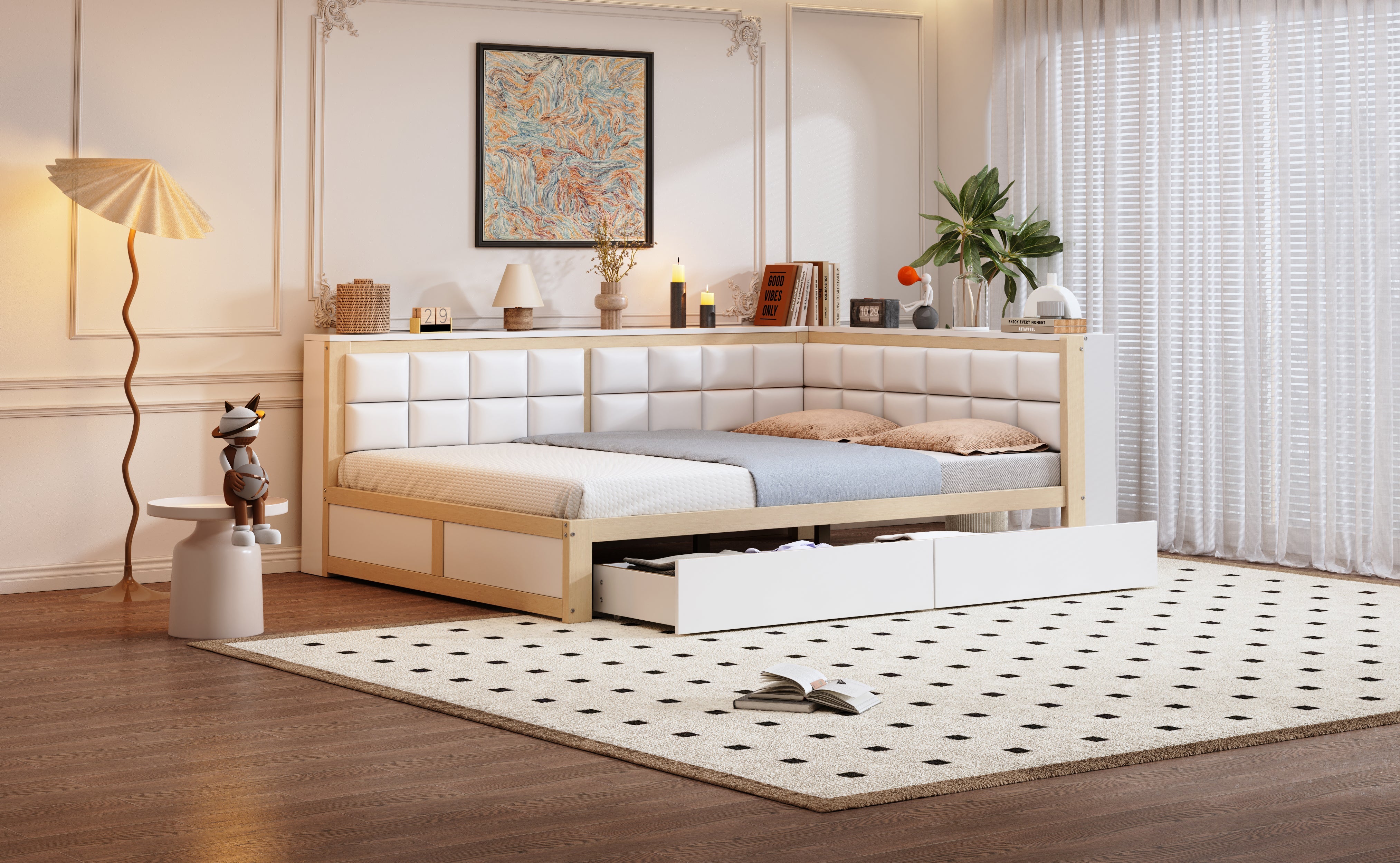 Logidon slaapbank 140x200 met rugleuning en opbergruimte naturel hout