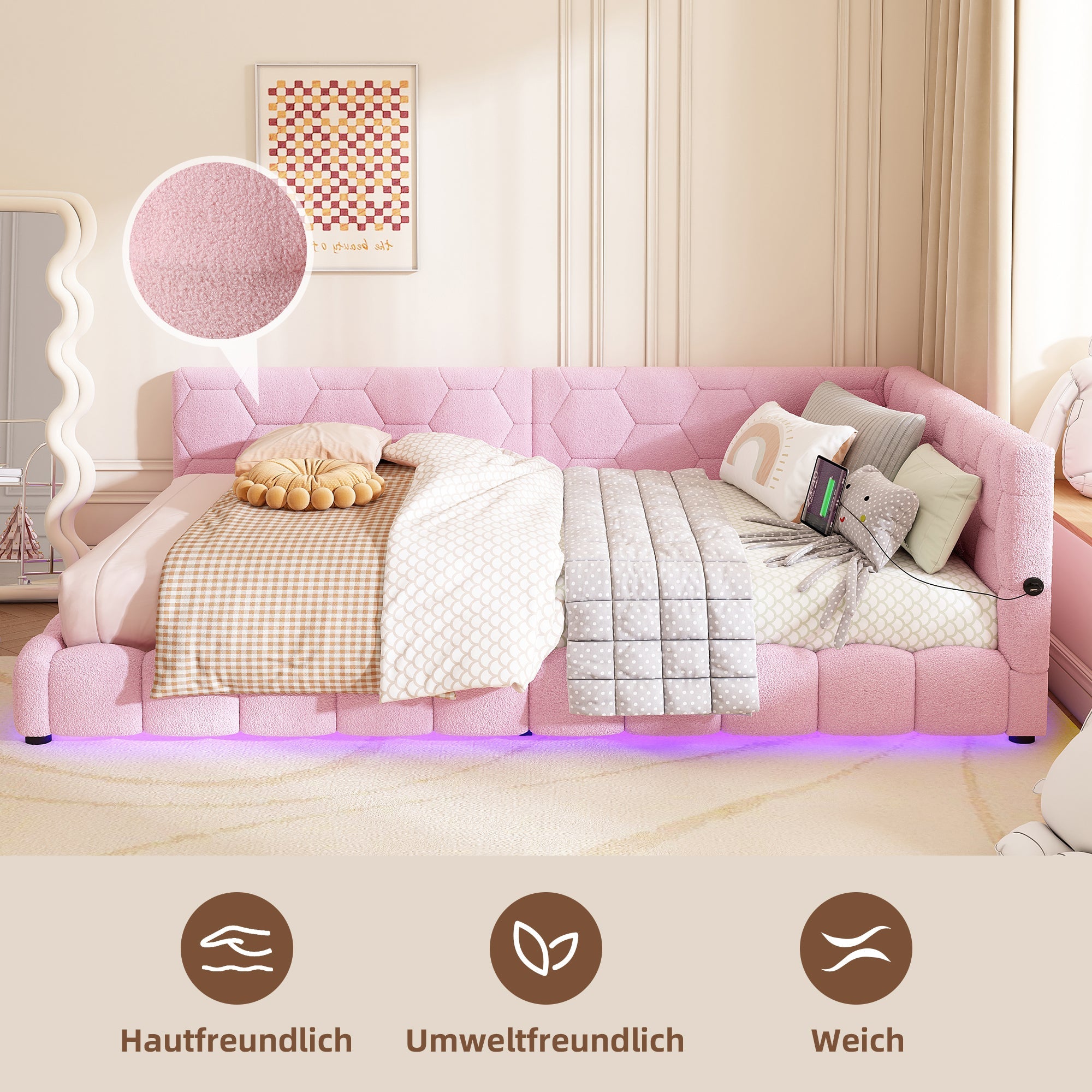 Logidon Daybed 140x200cm slaapbank roze fluweel met lattenbodem