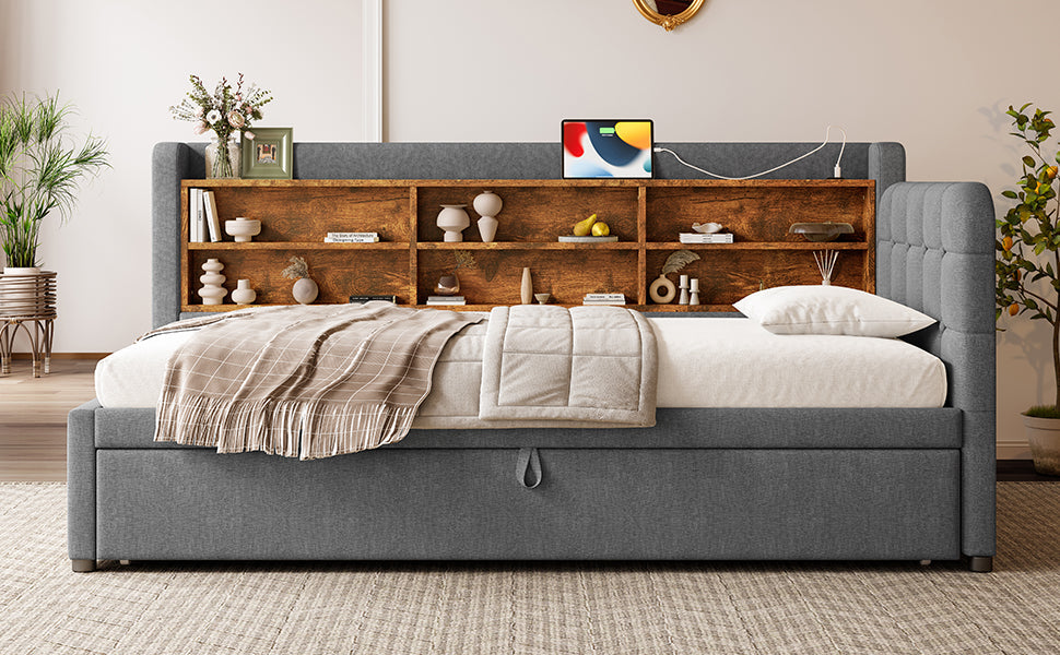Logidon Daybed 90x200cm grijs linnen uitschuifbare slaapbank USB Type C