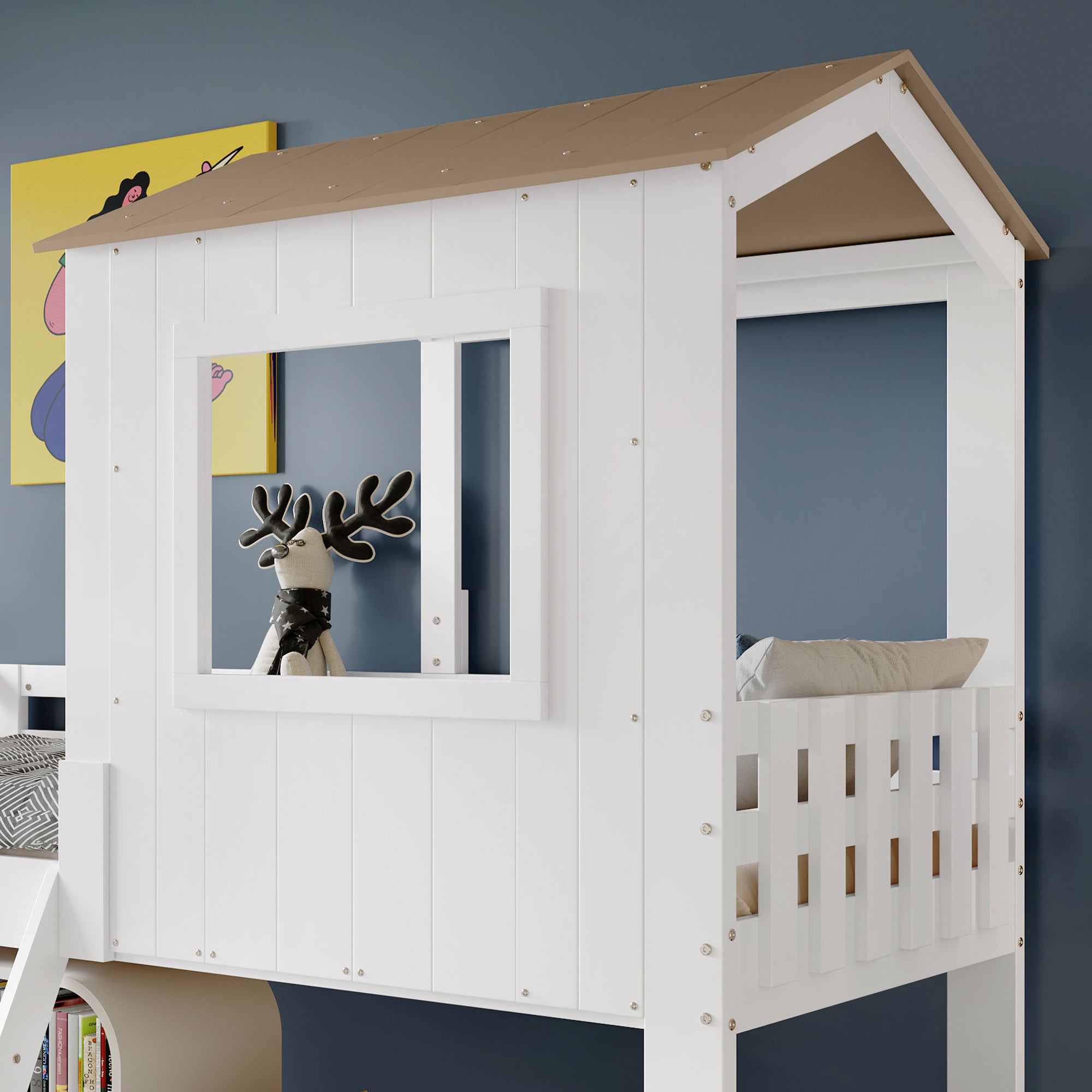 Logidon kinderbed halfhoogslaper met dakraam 90x200 wit naturel