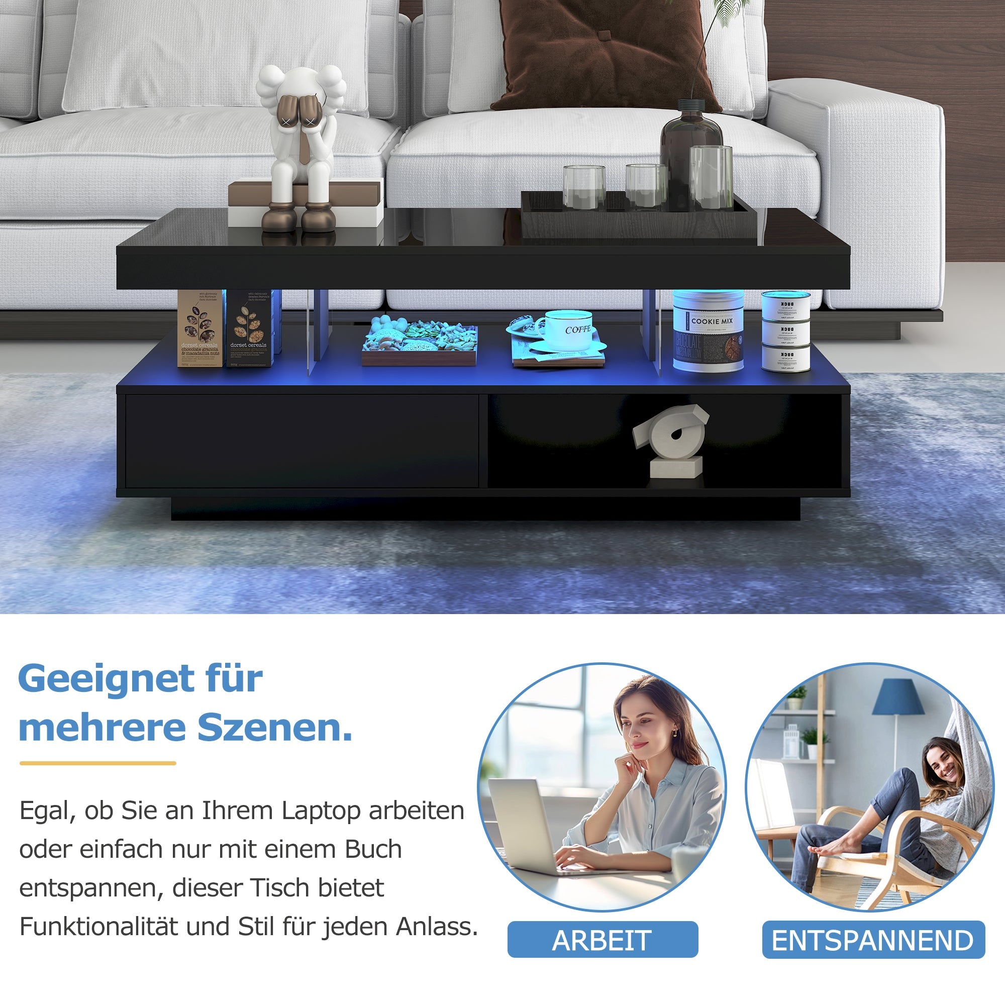 Logidon hoogglans salontafel zwart 95x50x42,5 cm glazen bladen