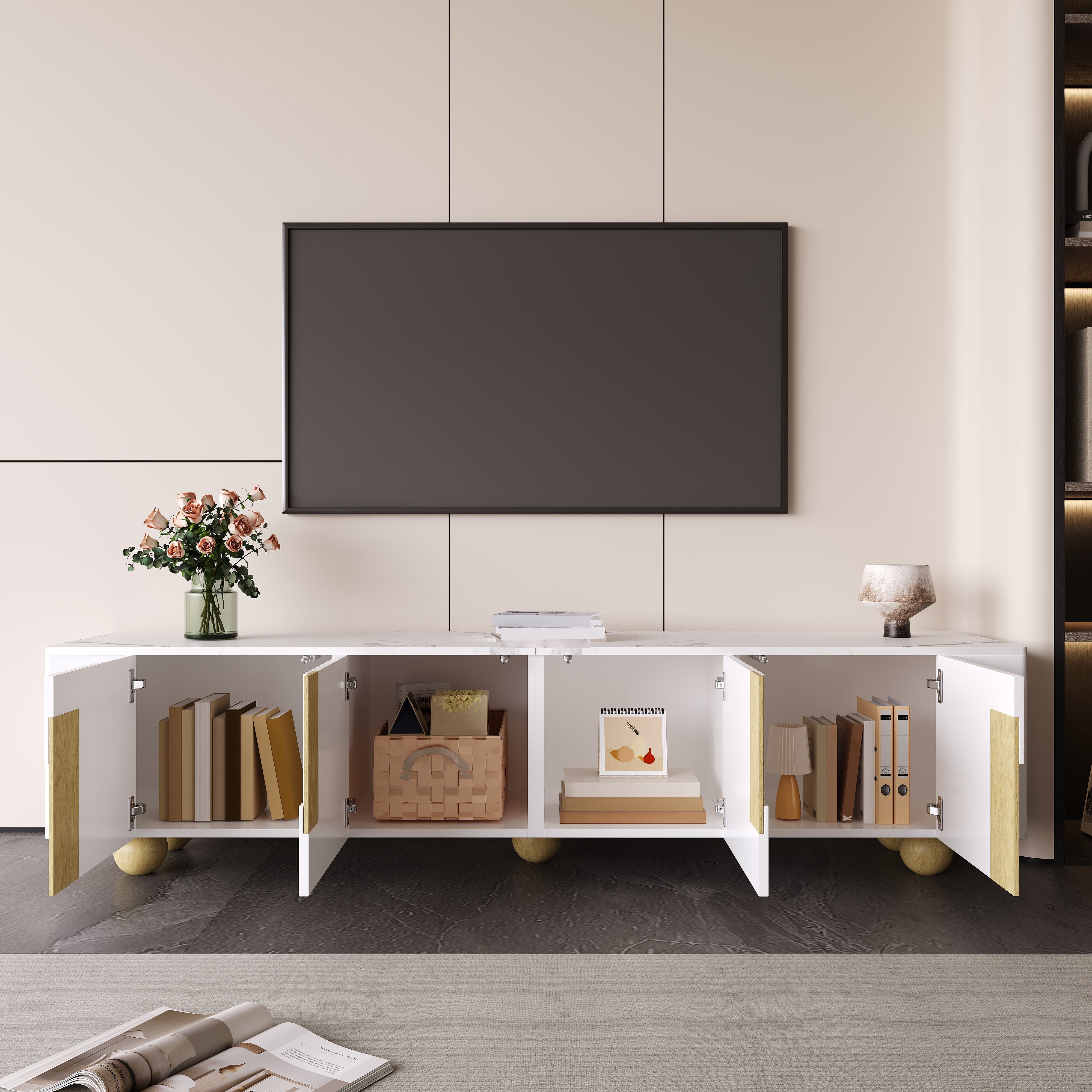 Logidon Wit TV-meubel 180 cm - 4 deuren, marmerlook, houten poten