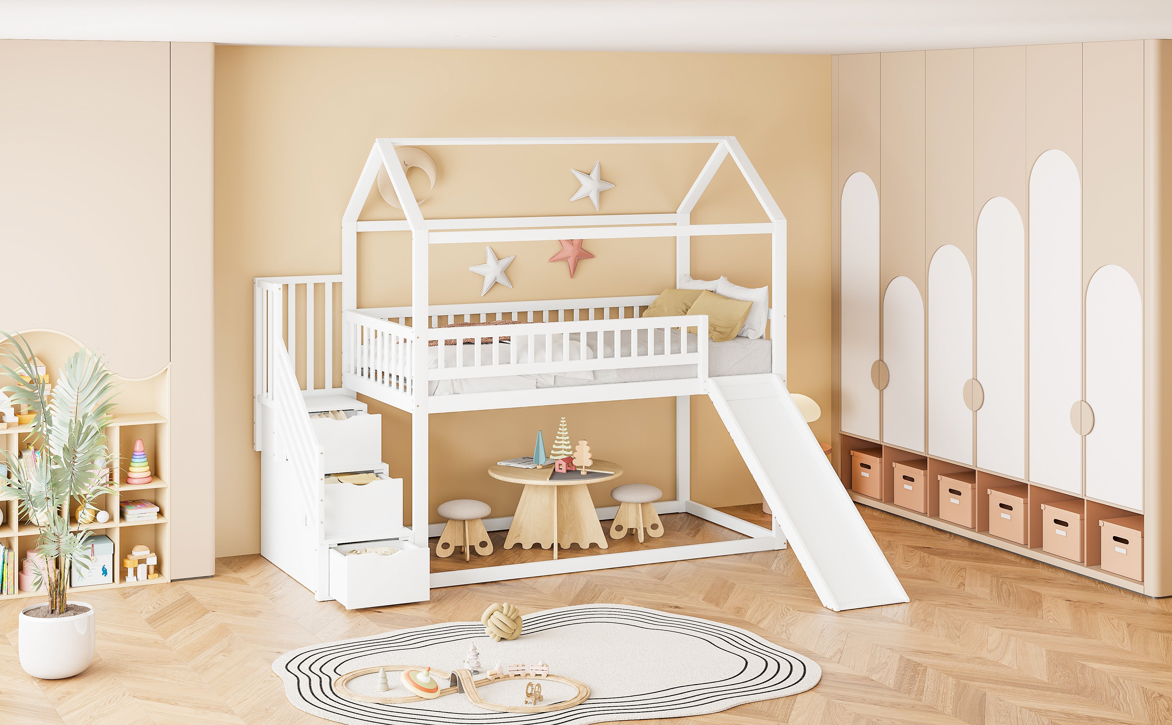 Logidon hoogslaper kinderstapelbed 90x200 wit glijbaan met opbergladder