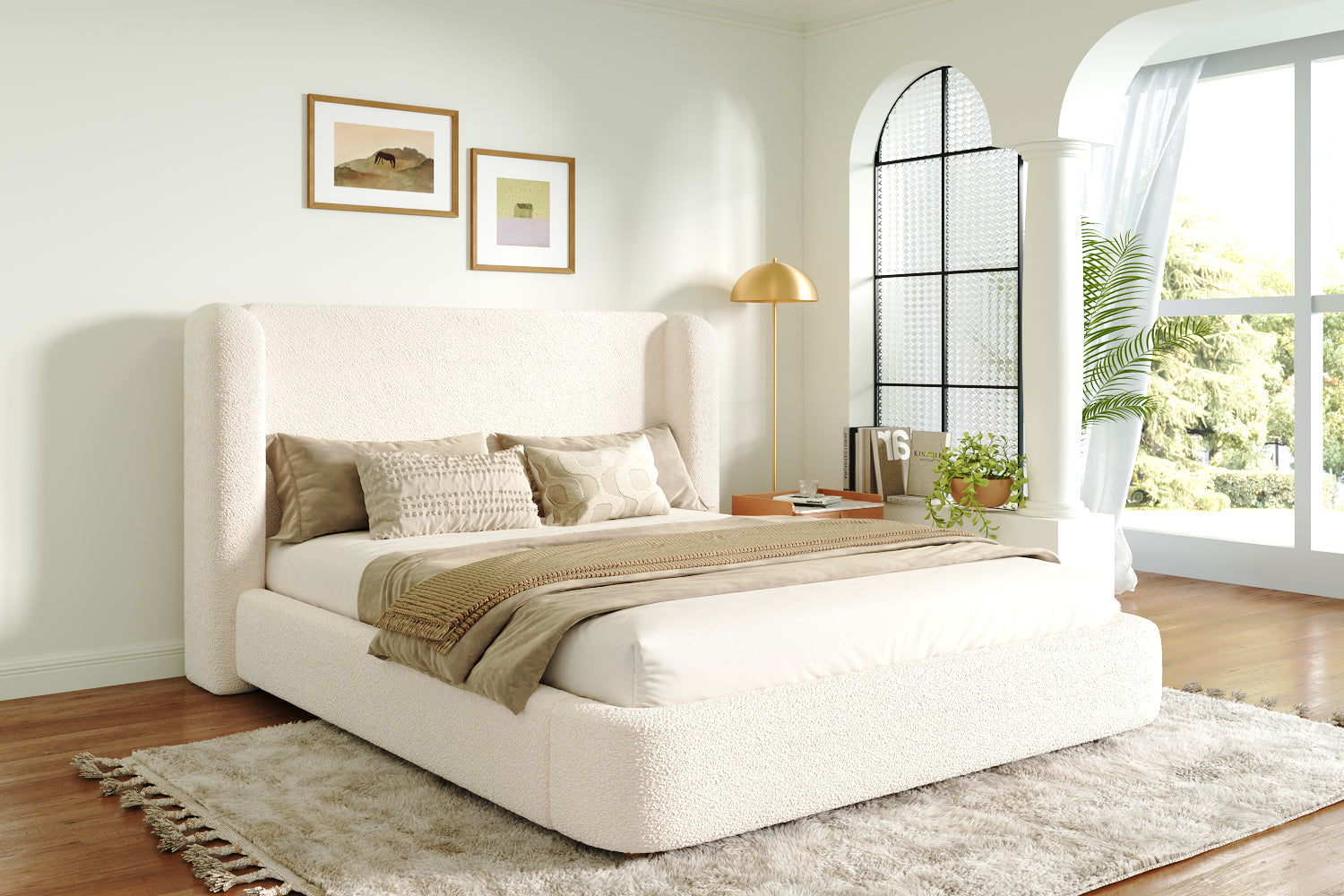 Logidon gestoffeerd bed tweepersoonsbed 160x200 beige bouclé met opbergruimte