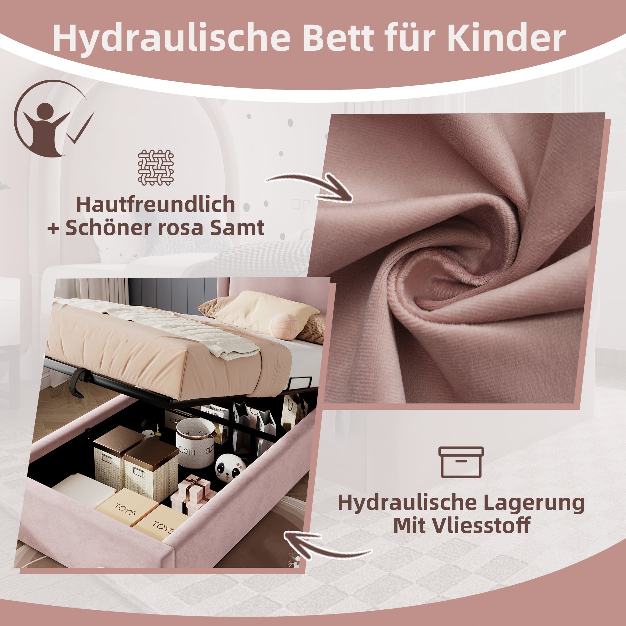 Logidon gestoffeerd bed kinderbed roze 90x200 cm met matras