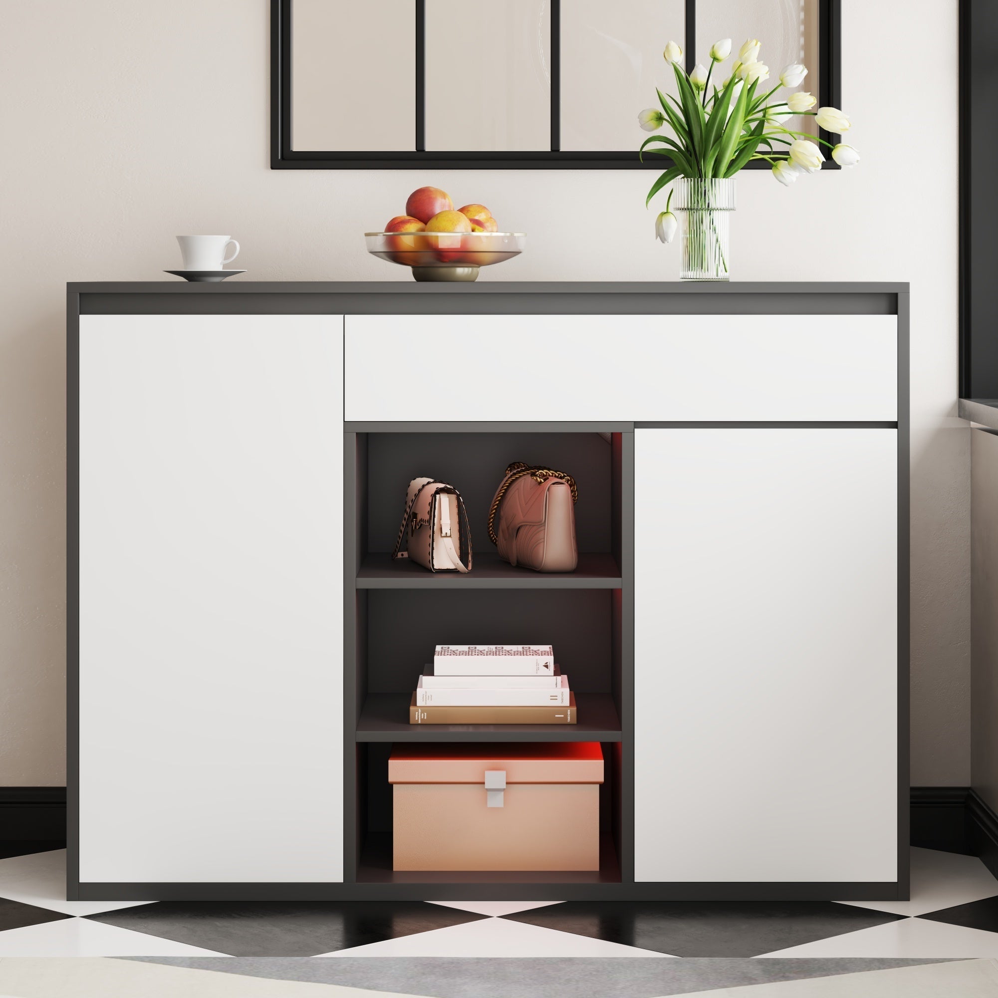 Logidon Shoe Cabinet Black White Two Doors Adjustable Shoe Rack