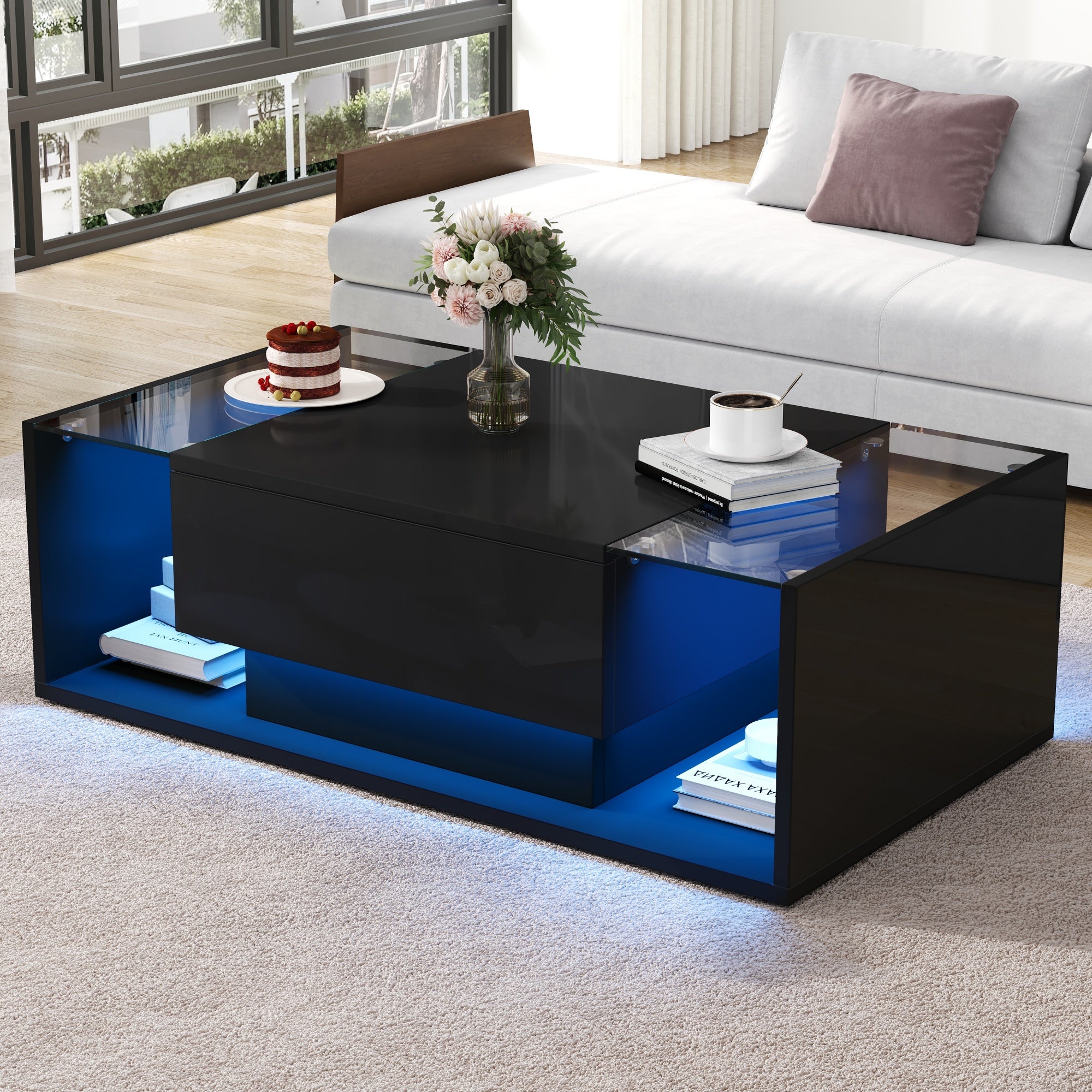 Logidon Zwarte hoogglans salontafel 100x50x31 cm met lade LED lichtstrip