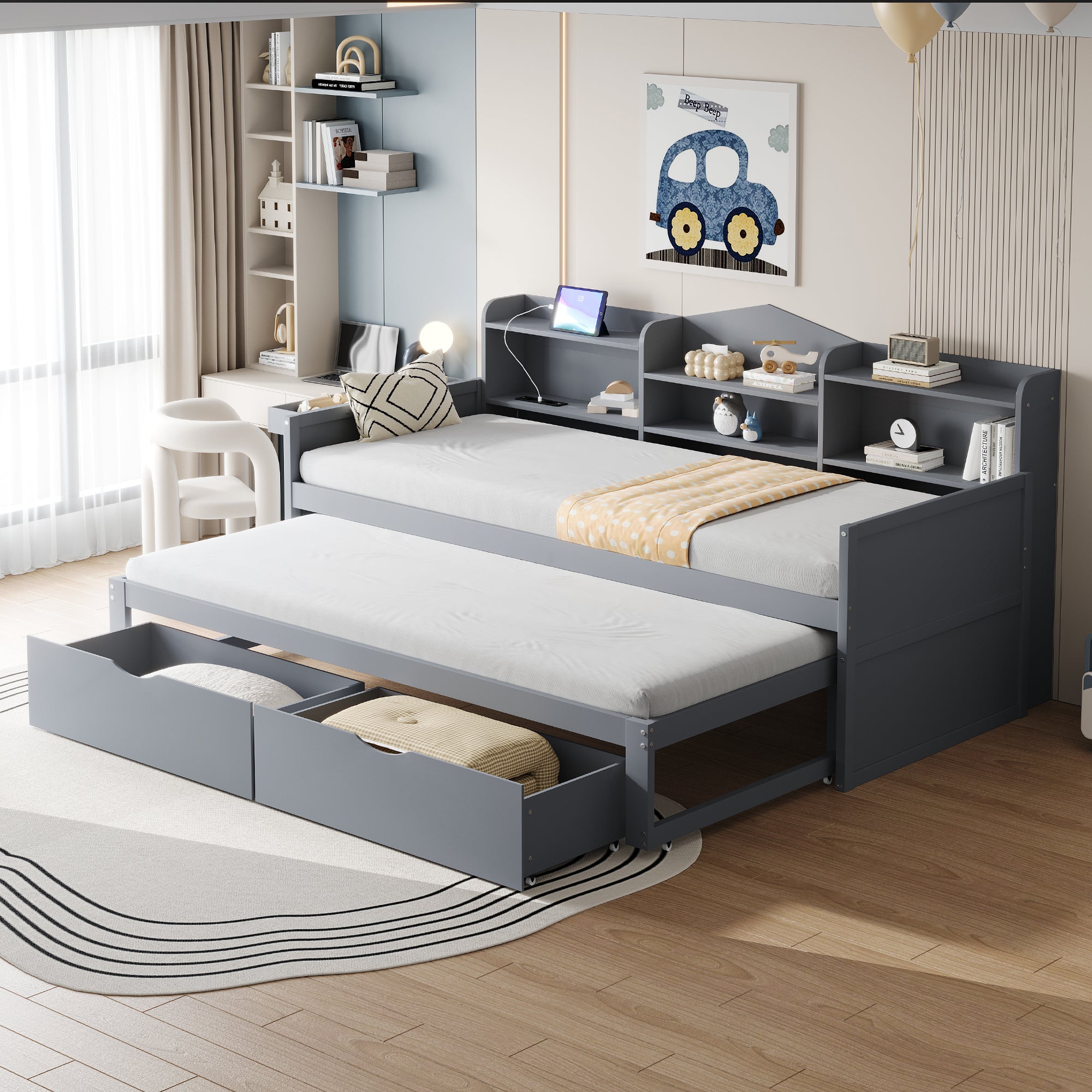 Logidon slaapbank 90x200 grijs met uitschuifbaar bed 90x190 USB