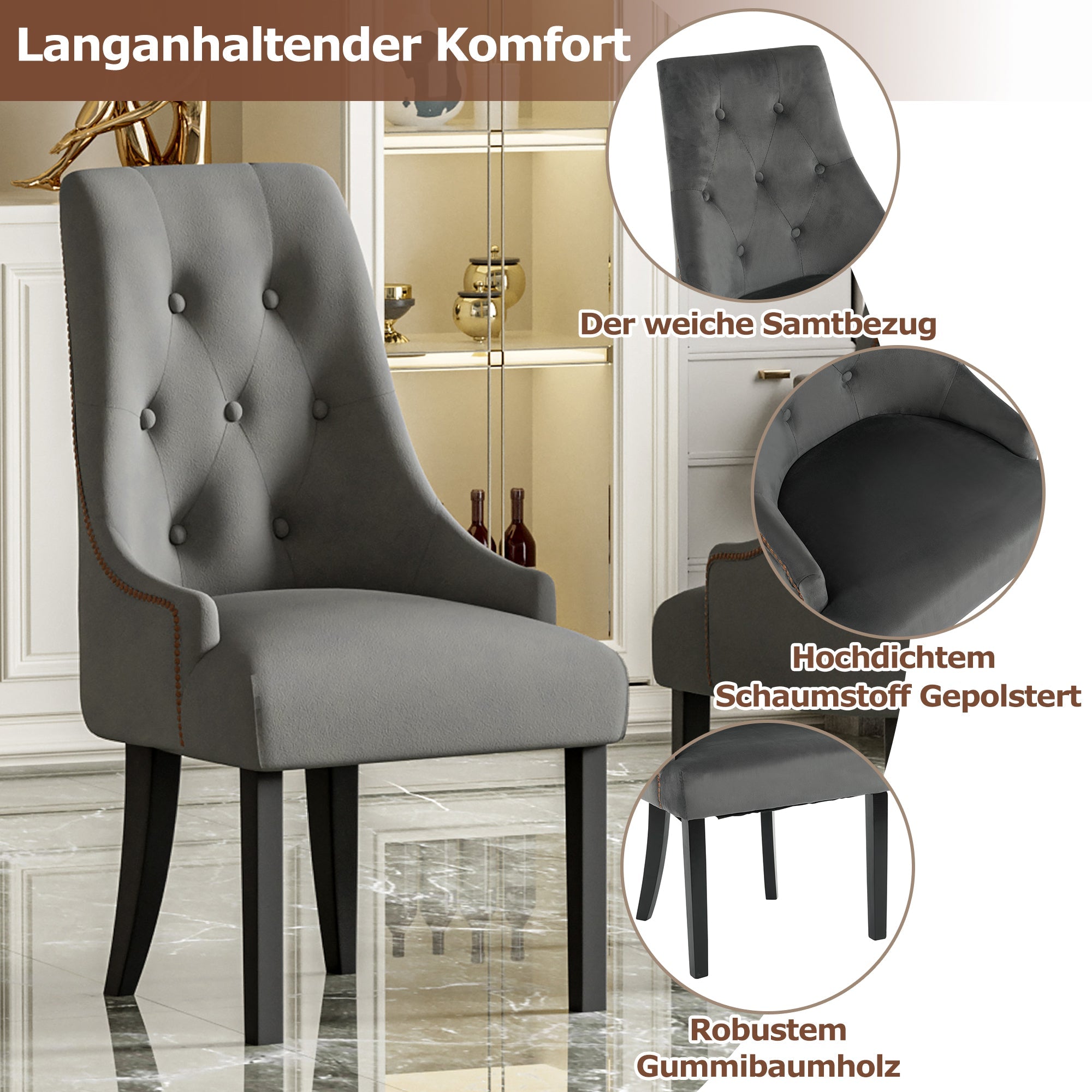 Logidon Set van 2 Retro Eetkamerstoelen Met Ronde Knopen Fluweel Grijs